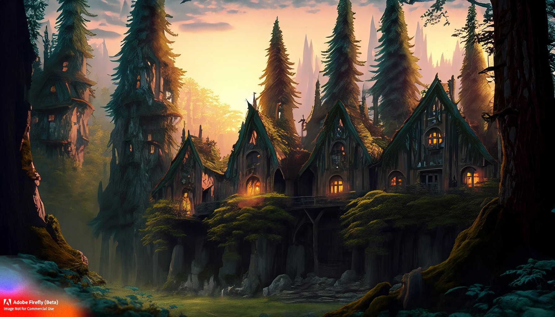 Firefly_mistward,+fae outpost of buildings deep in the woods, surrounded by tall evergreens, at sunset_art,wide_angle_86265.jpg