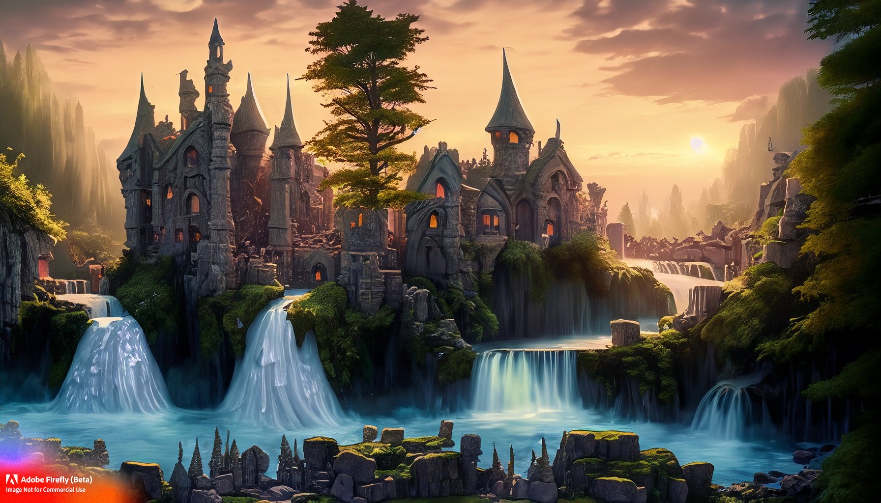 Firefly_a+fae woodland kingdom made of stone buildings on top of waterfalls, surrounded by evergreen trees, at sunset_art,wide_angle_44916.jpg