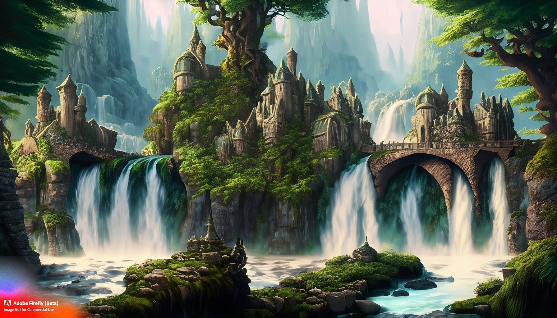 Firefly_a+fae woodland kingdom made of stone buildings on top of waterfalls, surrounded by evergreens, deep greens_art,wide_angle_6754.jpg