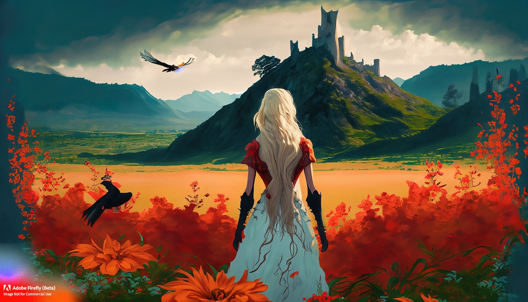 Firefly_a+blonde fae female facing away from the camera, standing in a meadow of red and orange flowers, with a mountain range of deep greens and a castle in the background, a hawk flying_art,wide_an (3).jpg