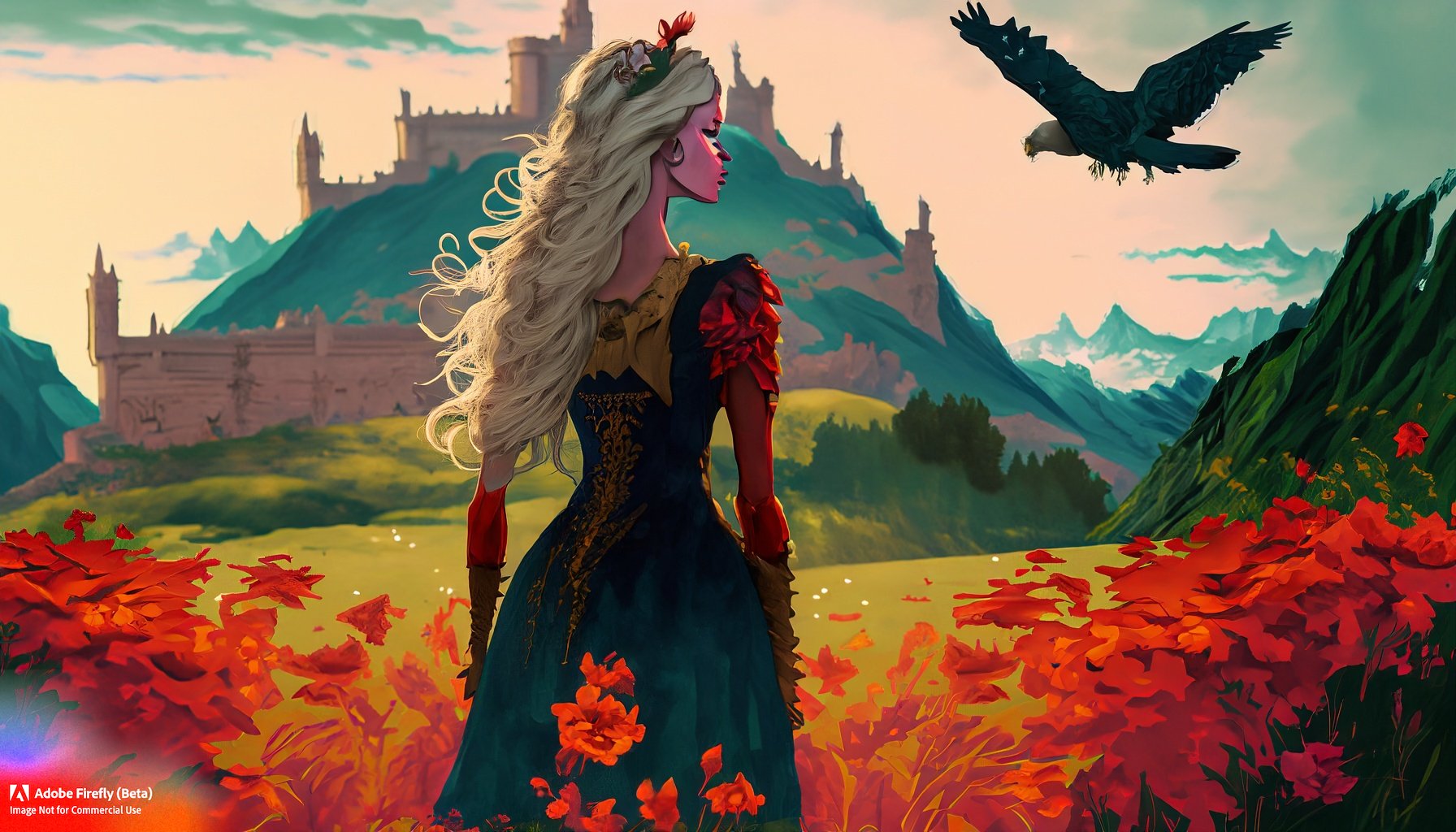 Firefly_a+blonde fae female facing away from the camera, standing in a meadow of red and orange flowers, with a mountain range of deep greens and a castle in the background, a hawk flying_art,wide_angle_.jpg