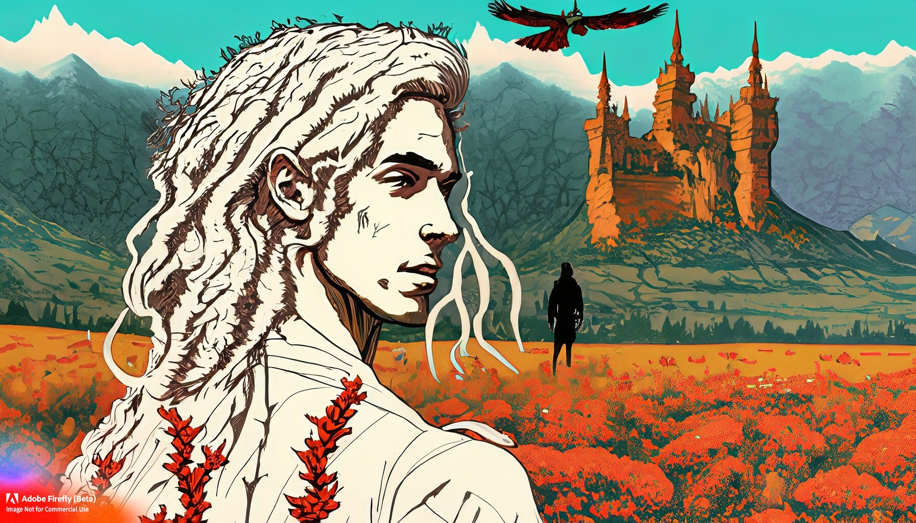 Firefly_a+line etching of a blonde fae facing away from the camera, standing in a meadow of red and orange flowers, with a mountain range of deep greens and a castle in the background, a hawk flying_ (1).jpg
