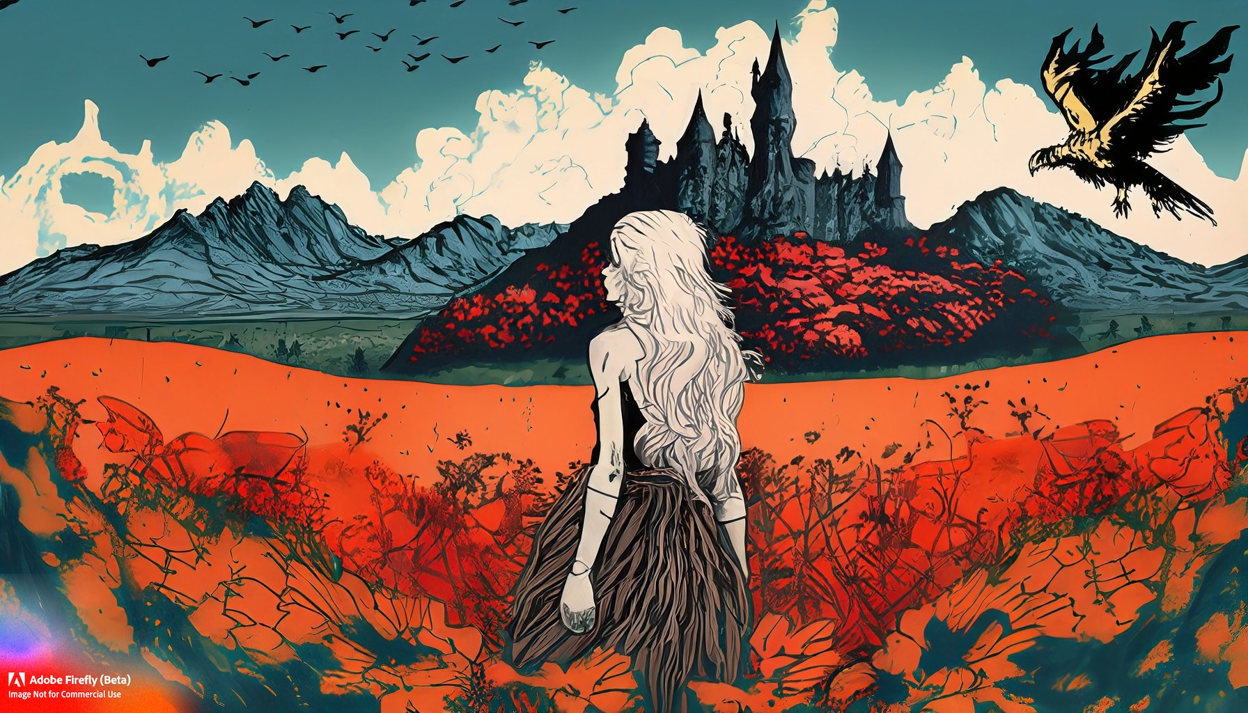 Firefly_a+line etching of a blonde fae facing away from the camera, standing in a meadow of red and orange flowers, with a mountain range and a castle in the background, a hawk flying_art,wide_angle_8626.jpg