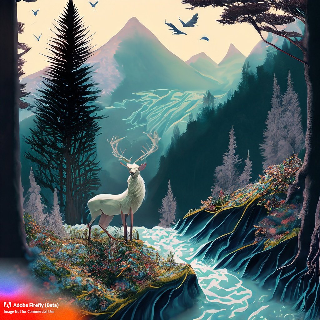 Firefly_fairy+vibes, pine trees, mountains and streams with a white stag, and a hawk_art,cool_colors,dramatic_light,shot_from_above_37169.jpg