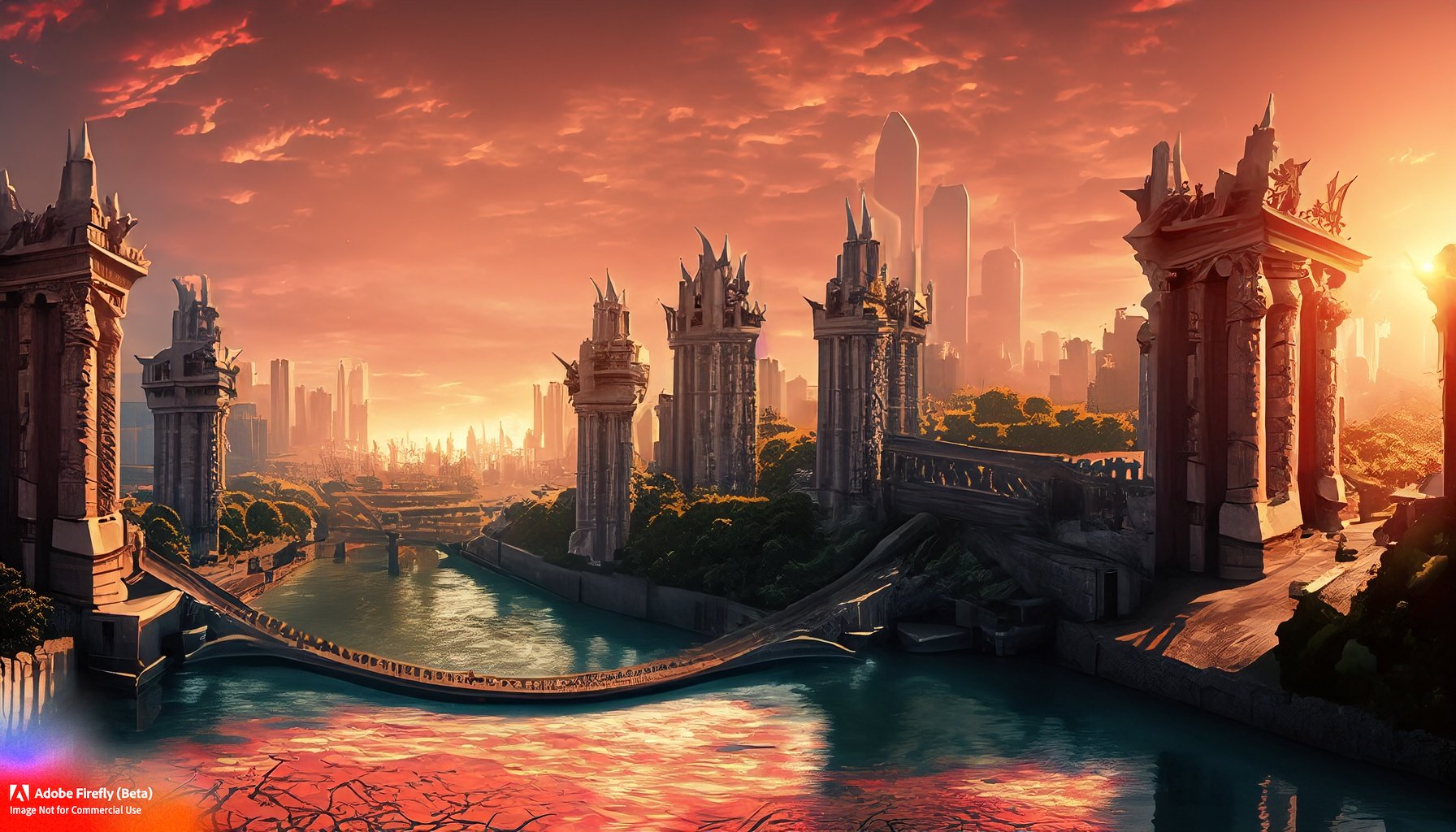 Firefly_a+modern city, and 7 ancient gates spread throughout, a river splitting the city, fantasy vibes, red sunrise, theater building_photo_74400.jpg
