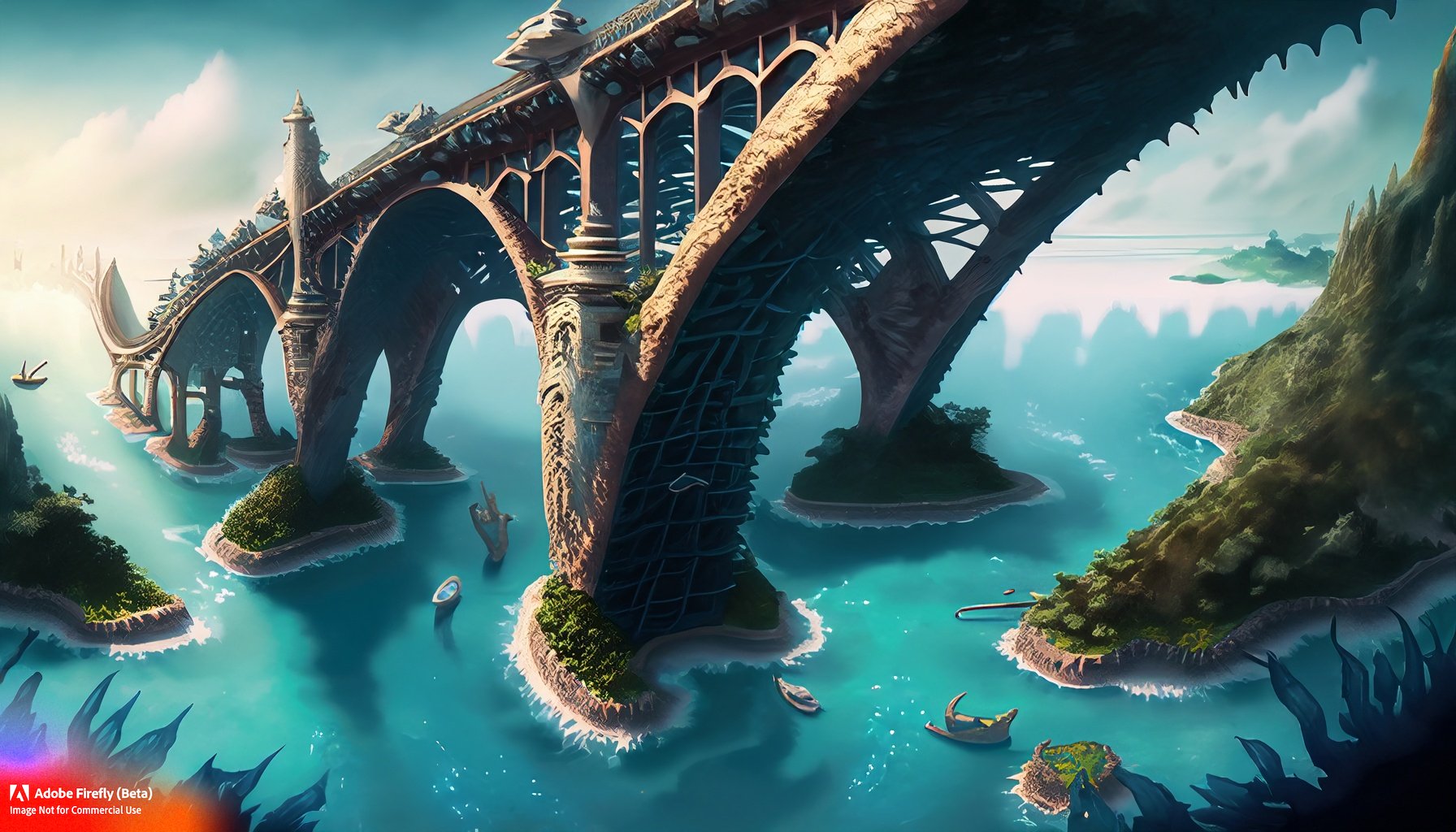 Firefly_A+Bridge Kingdom, a massive enclosed fantasy bridge over a sea, there are sharks in the sea, tropical islands are at different points along the bridge._art,fantasy,shot_from_above_44916.jpg