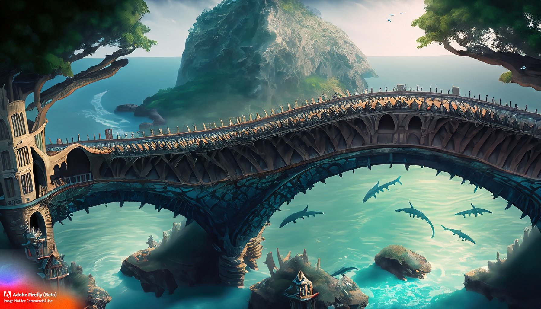 Firefly_A+Bridge Kingdom, a massive enclosed and fortified fantasy bridge over a sea, there are sharks in the sea, tropical islands are at different points along the bridge._art,fantasy,shot_from_above_6.jpg