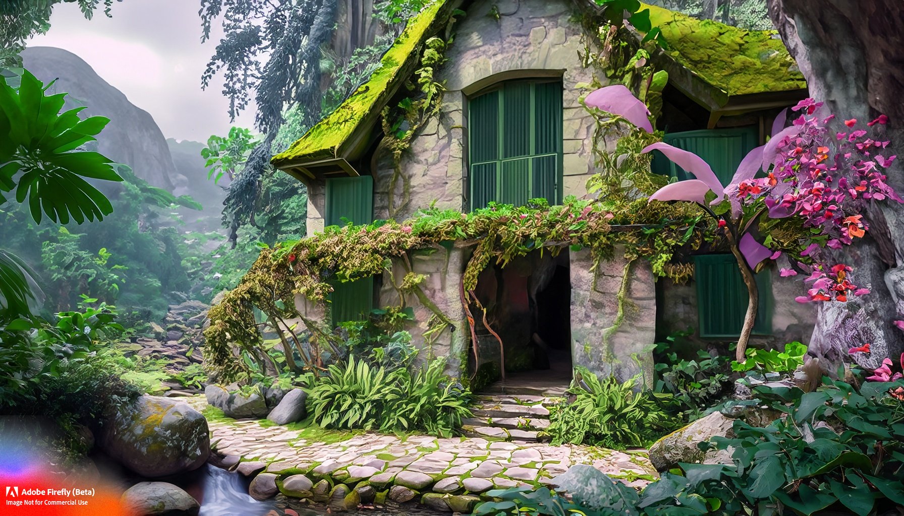Firefly_A+tropical jungle, Large house made of stones. The windows have gray storm shutters coated with green lichen. Climbing vines, flowers of pink, purple, orange. There's a gray stone pathway leading.jpg