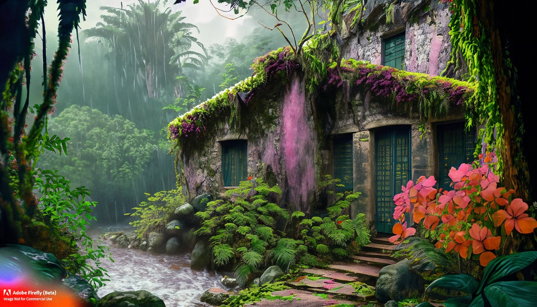 Firefly_A+tropical jungle, solid stone house with windows with storm shutters coated with green lichen. Climbing vines, flowers of pink, purple, orange. There's a gray stone pathway leading to a stream. .jpg