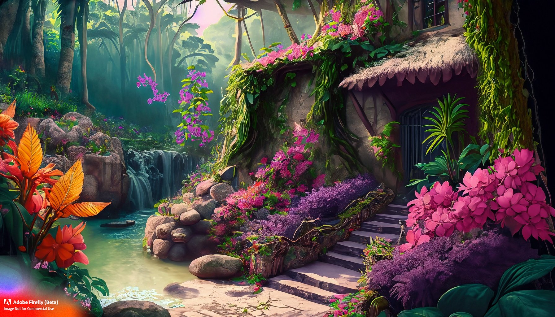 Firefly_A+house in a tropical jungle, climbing vines, flowers of pink, purple, orange. There's a gray stone pathway leading to a stream._art,wide_angle,fantasy_86265.jpg
