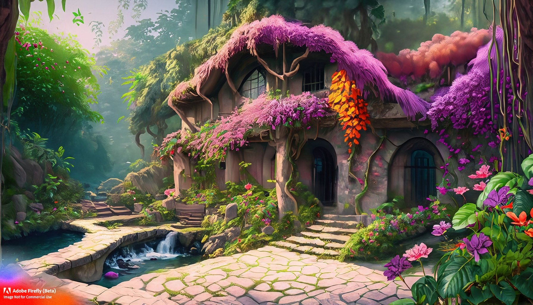Firefly_A+house in a tropical jungle, climbing vines, flowers of pink, purple, orange. There's a gray stone pathway leading to a stream._art,wide_angle,fantasy_52274.jpg