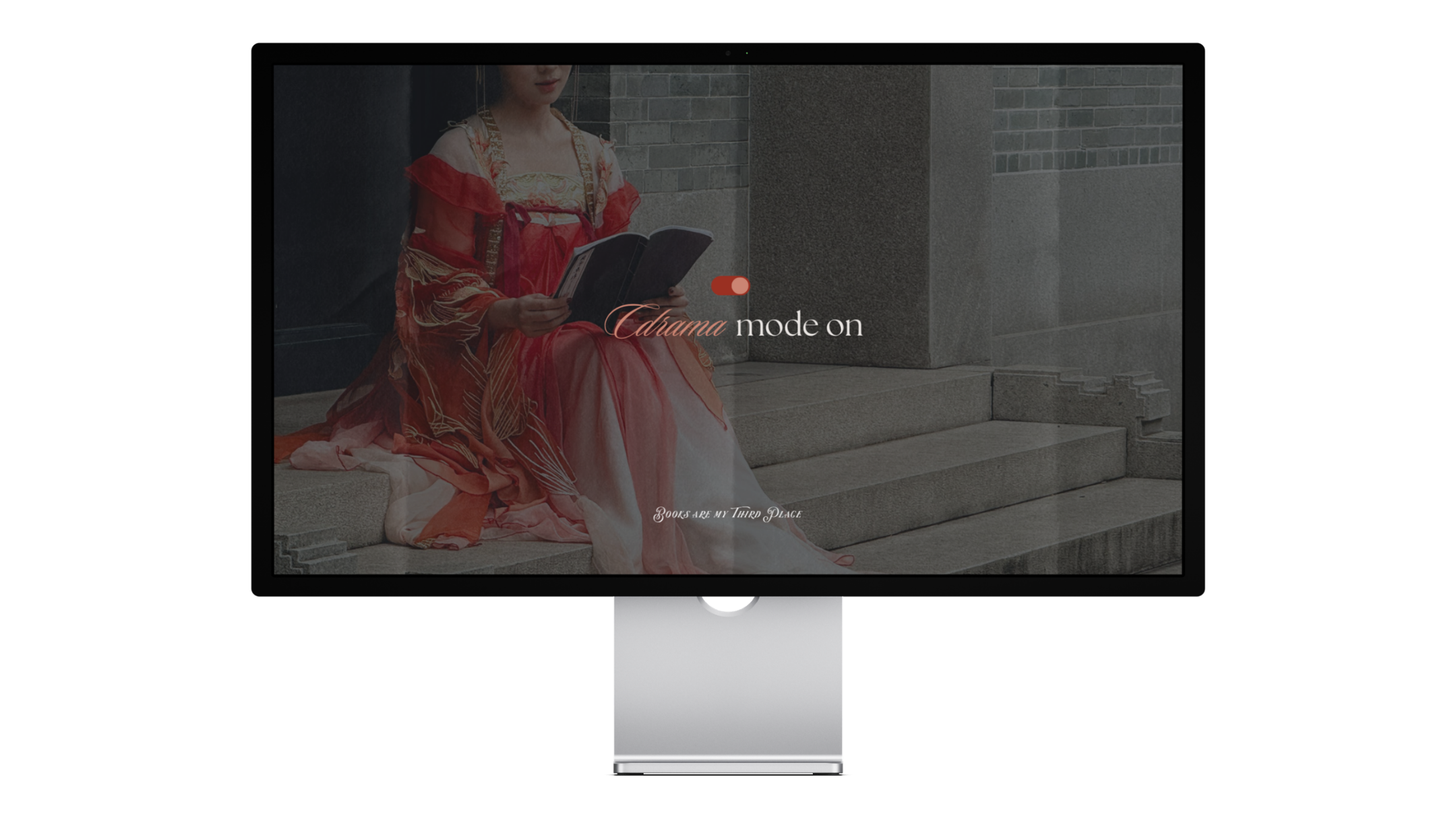 Chinese girl in Hanfu reading a book, with text: Cdrama mode on, digital wallpaper background