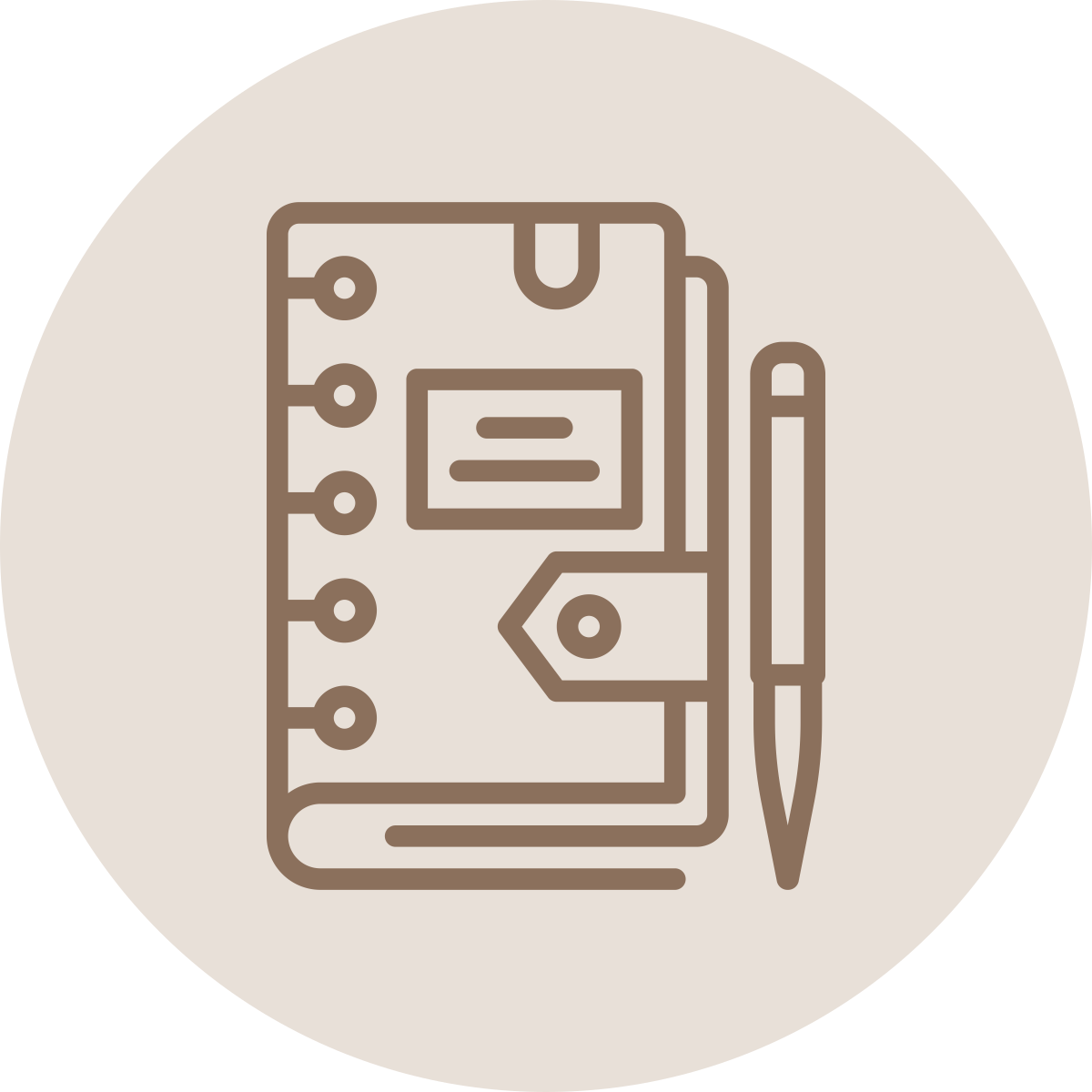 Outline drawing of a notebook or planner with a pen beside it.