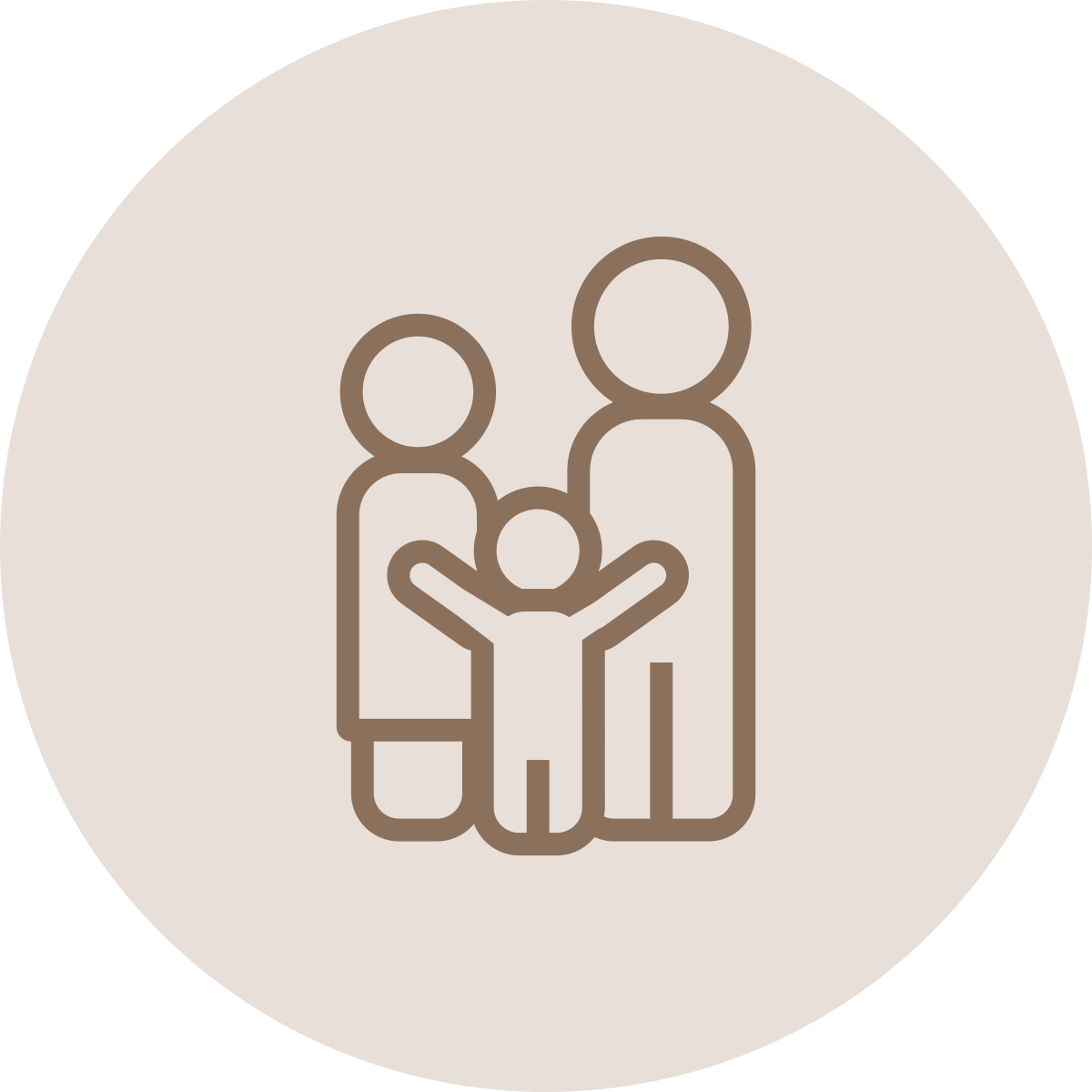 Line drawing of two adults and one child standing together, with the child raising arms.