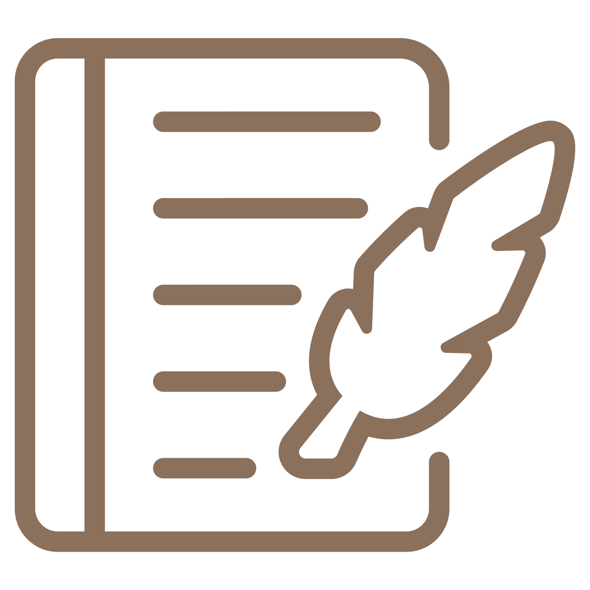 A brown outline of a notebook or journal with horizontal lines and a leaf overlapping the right side.