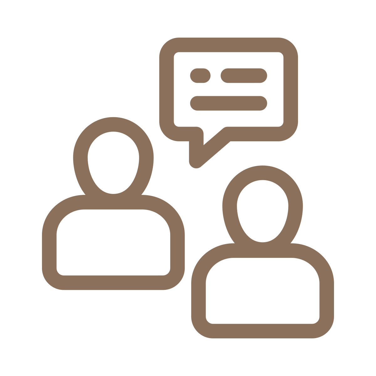 Outline of two people with a speech bubble containing text between them.