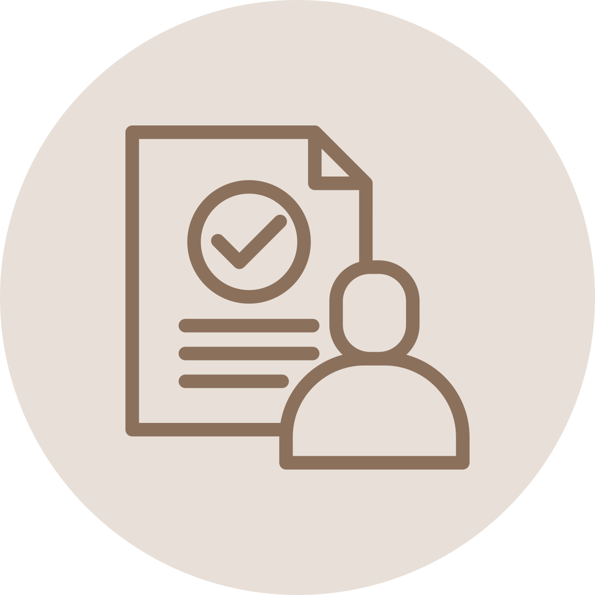 Icon of a person in front of a document with a checkmark, representing a completed task or certification.