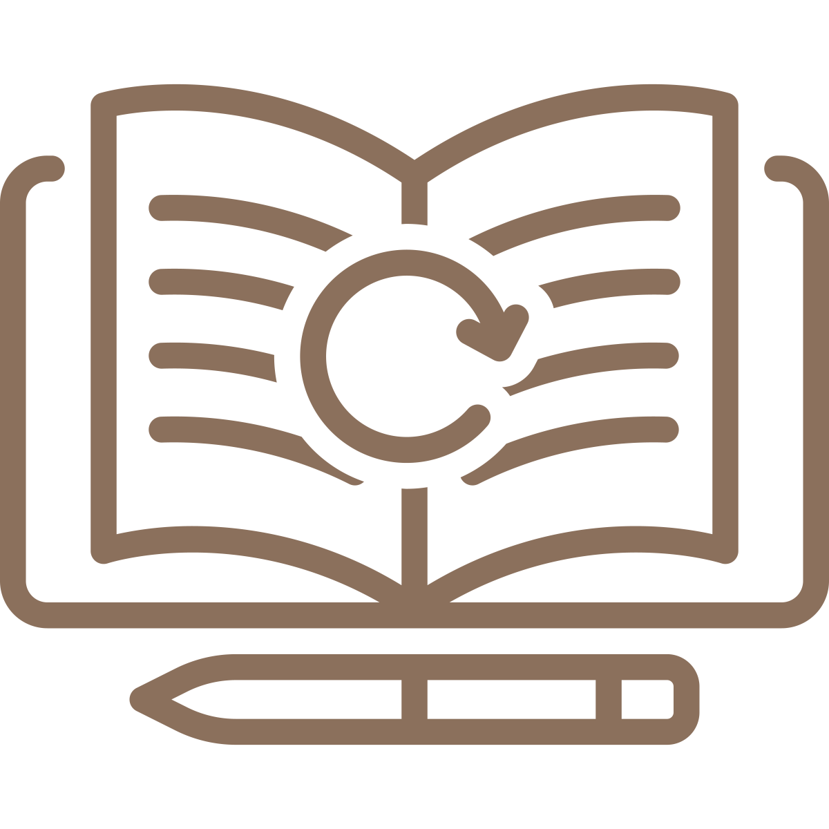 Open book with lines of text, a circular arrow in the center, and a pen below the book.
