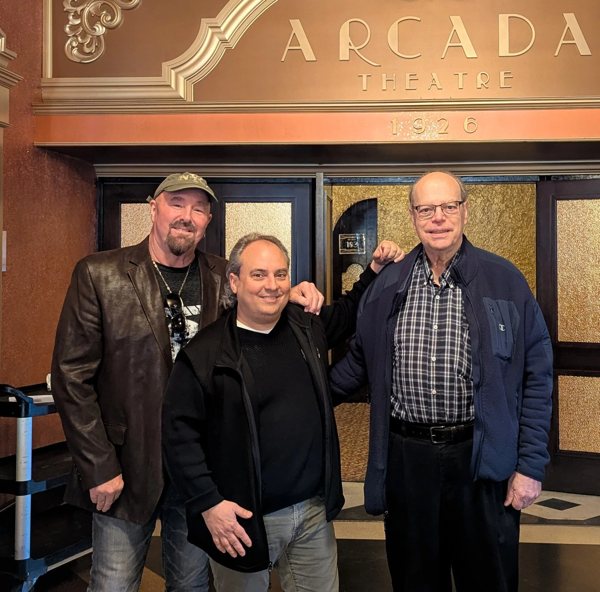 Robert A. Mackey with Ron Onesti and Robert J. Buhl at the ARCADA Theater in St. Charles IL after a production meeting