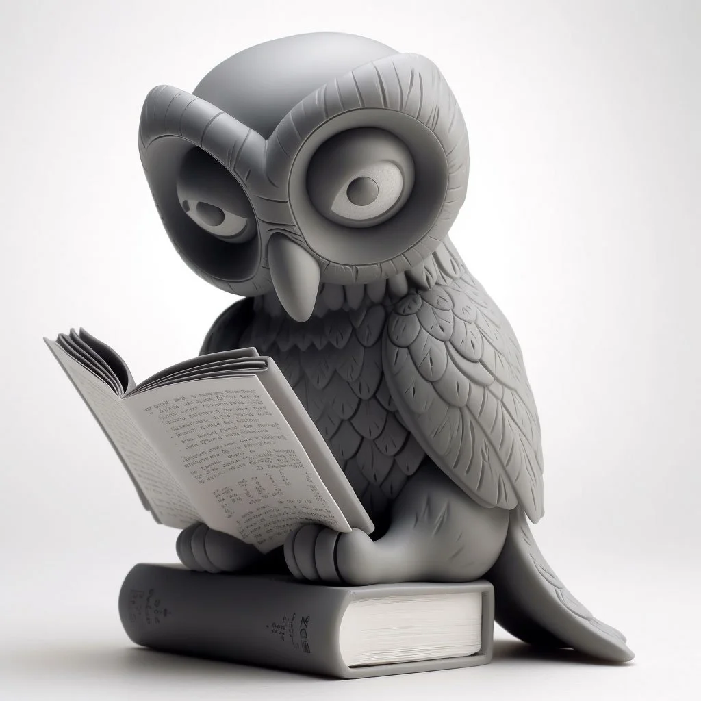 Owl Reading book sculpture grey