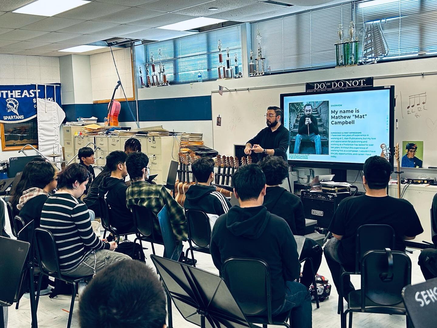 Many thanks to @maya.johnson.perc for having me out to talk to her students at Southeast High School in OKC! We talked about music composition - from the very big career-sized aspects to the very granular aspects of my workflow - and all of the thing