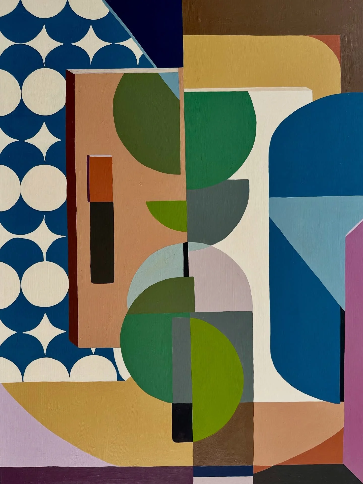 Step into the flow of colour, contour and quite momentum. 
&lsquo;Slipstream&rsquo; channels bold geometry and stillness amidst the gentle push and pull of intentional movement within our lives. 

&bull; Acrylic on Wood, 61cm x 46cm

&bull;Available 
