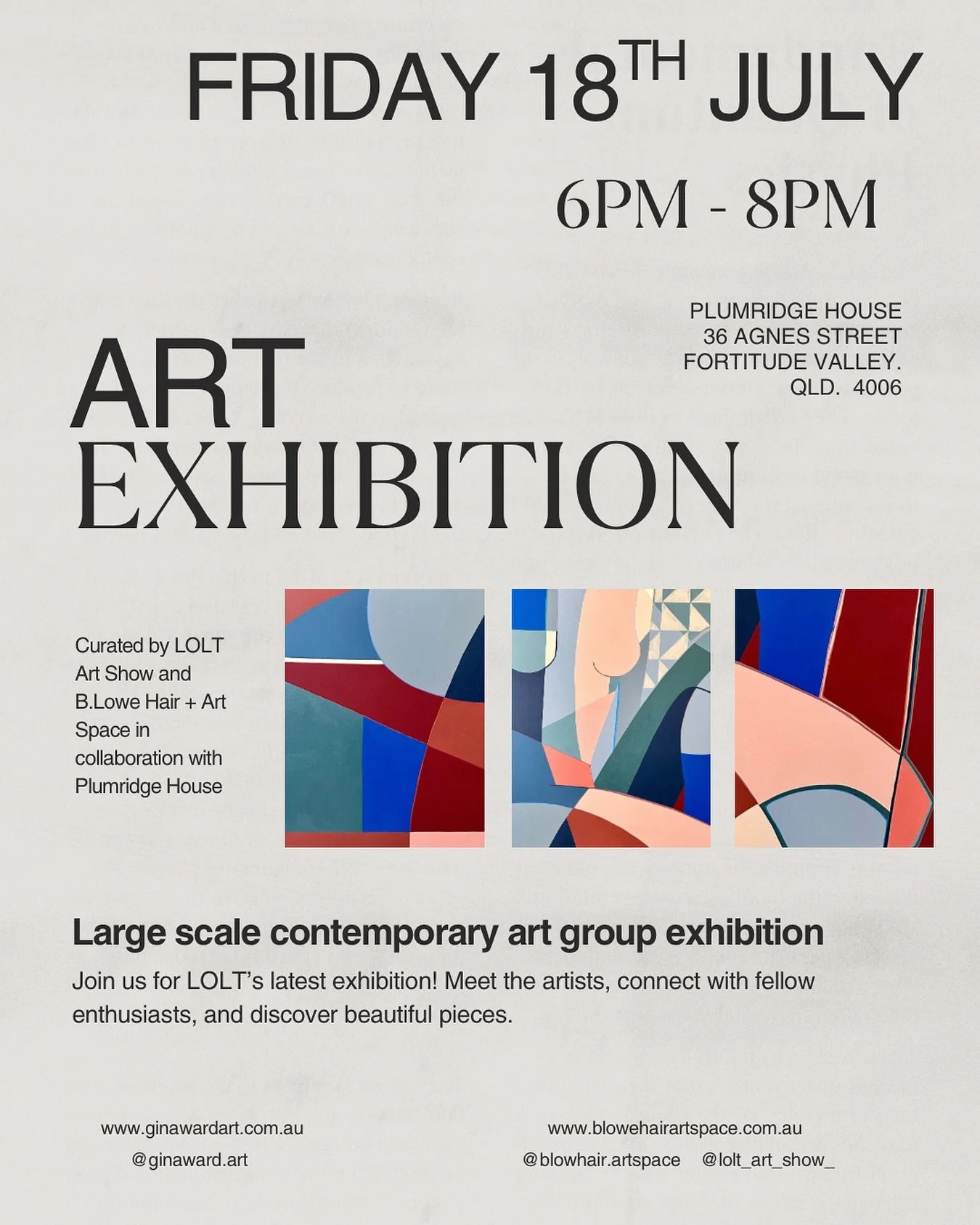 Come along next Friday to the grand opening of @lolt_art_show_ latest contemporary art exhibition, doors open at 6pm. An incredible range of talented and diverse artists show their large scale works in the gorgeous heritage @plumridgehousebne 

&lsqu