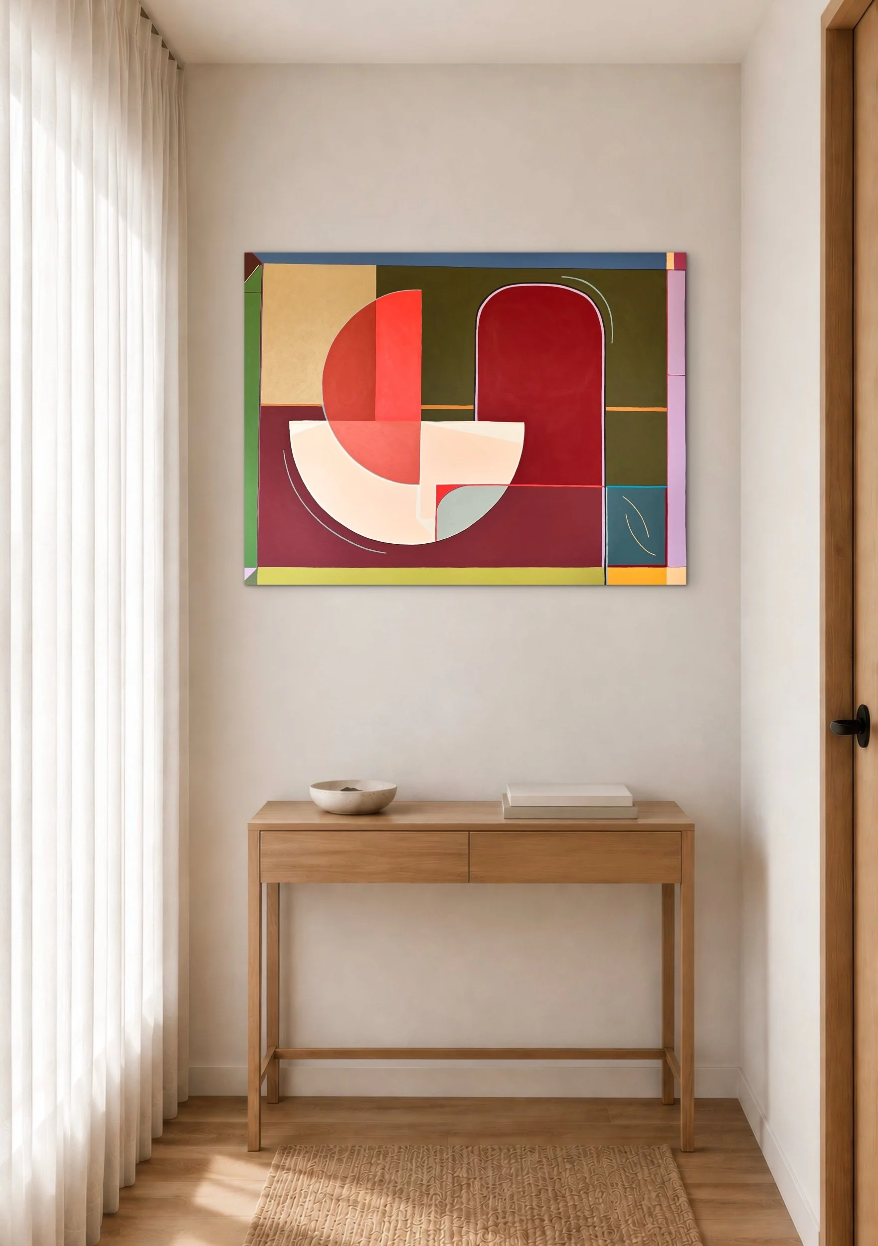 Luxury contemporary abstract artwork of a cubist apple by Australian artist Gina Ward, combining geometric forms and mid-century inspired design with symbolism around perception and authenticity.