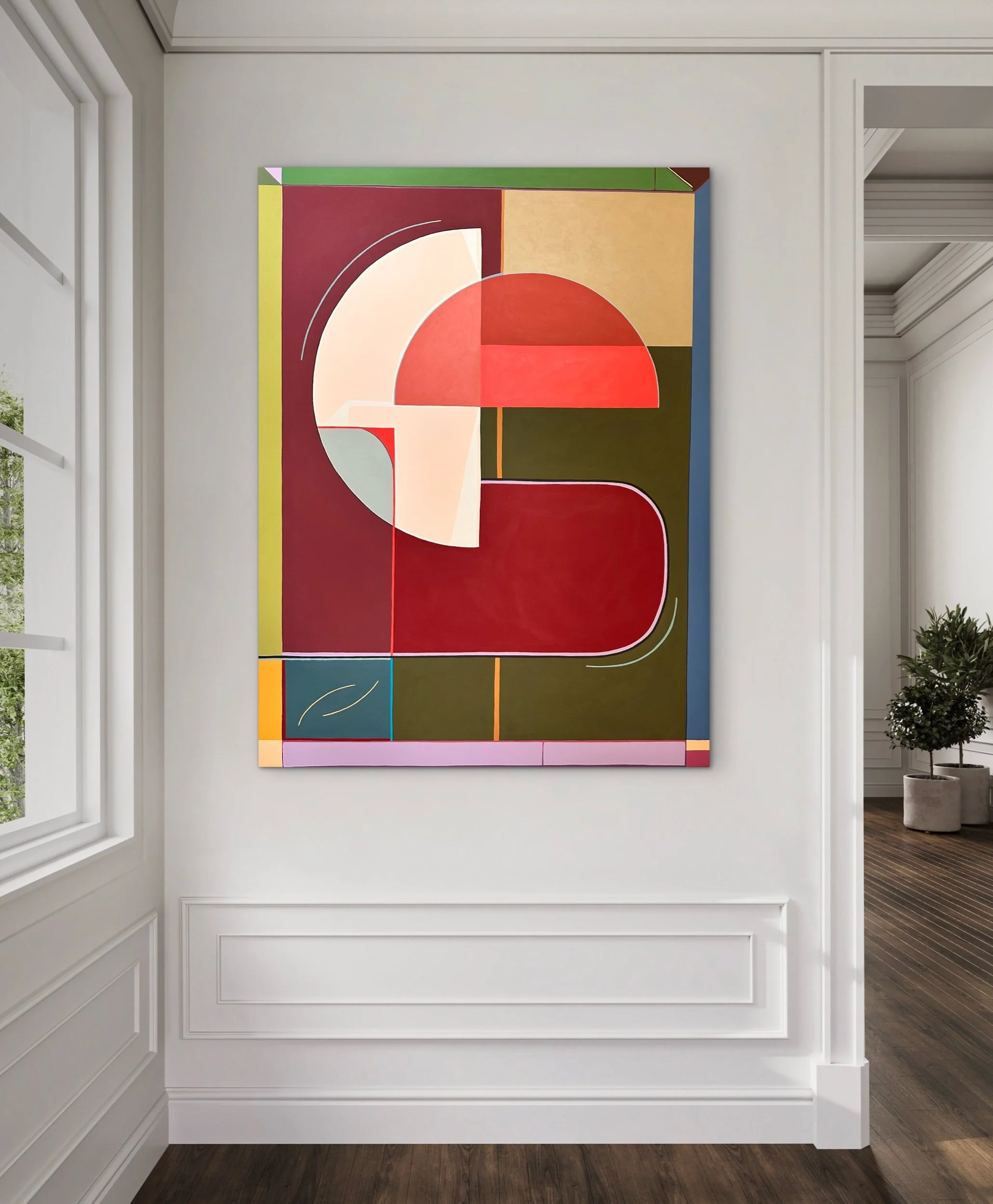 Contemporary Australian cubist artwork depicting an abstract apple in bold geometric shapes and rich colour, ideal for collectors and modern interior design spaces.