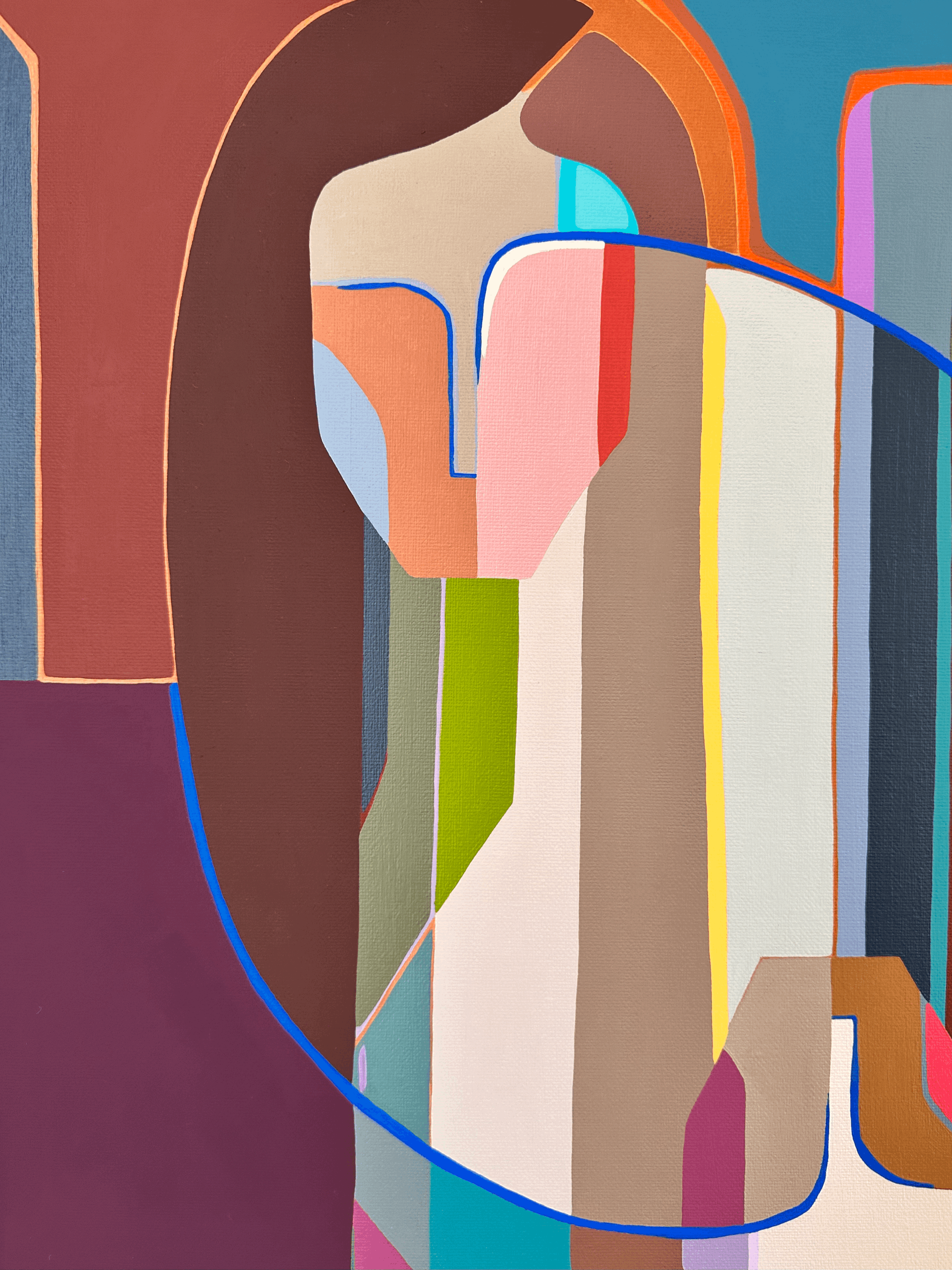 “Mid-century inspired acrylic portrait, Kin by Gina Ward, featuring layered shapes and warm expressive tones.”