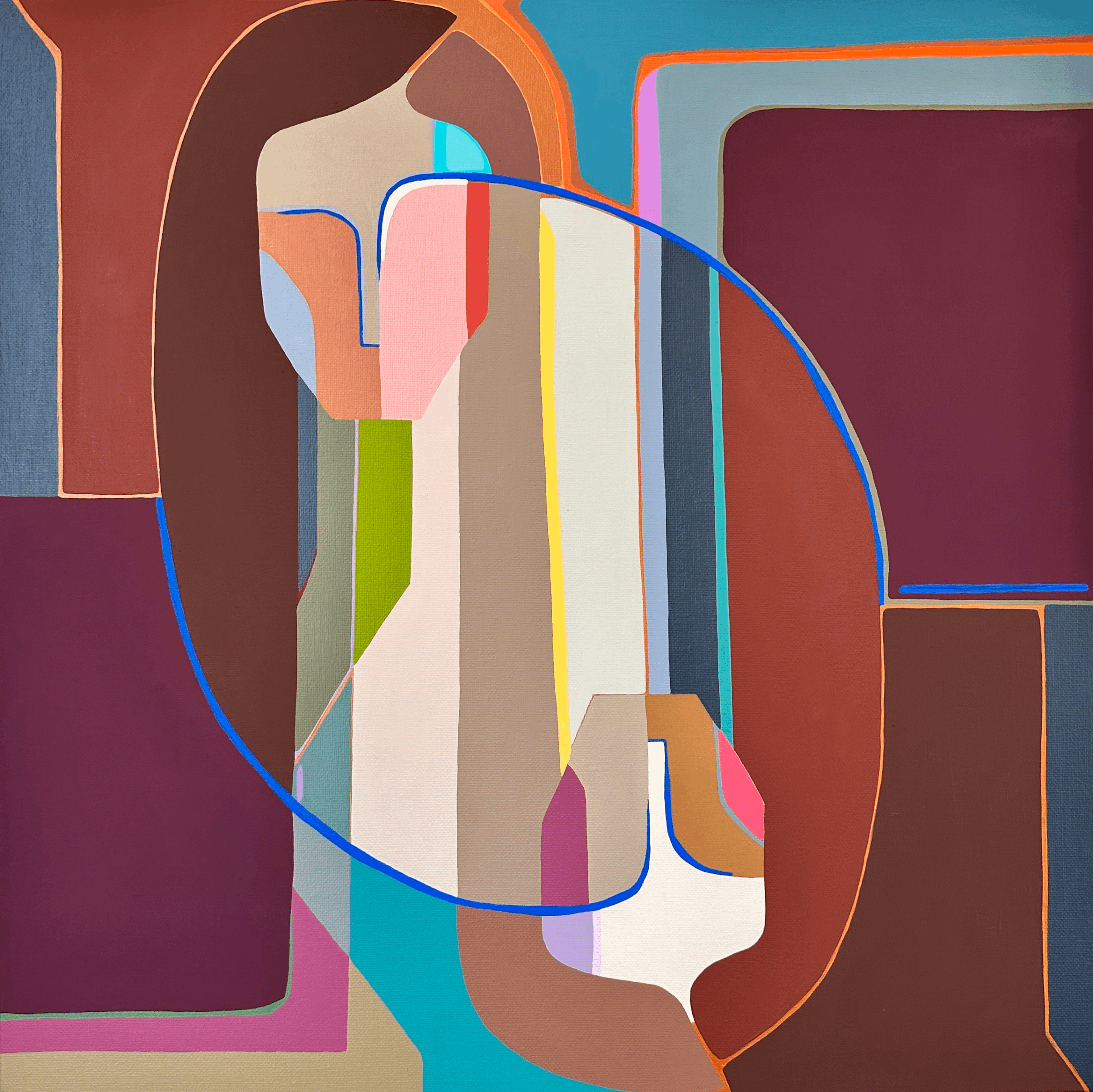 “Kin by Gina Ward — bold abstract portrait in mid-century modern colours, contemporary feminine artwork for luxury interiors.”