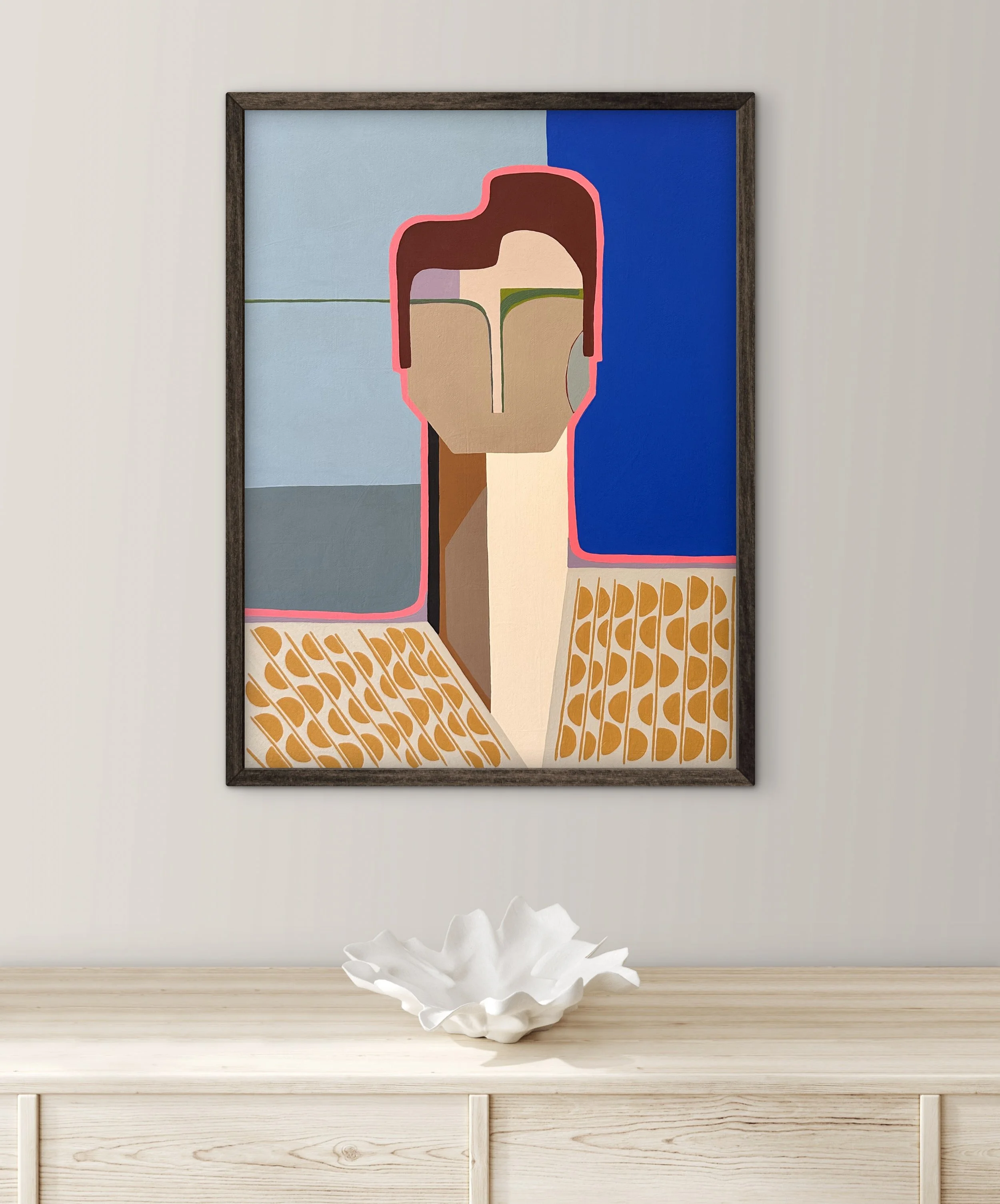 Mid-century styled abstract portrait painting featuring a male figure, fine art for contemporary Australian homes.