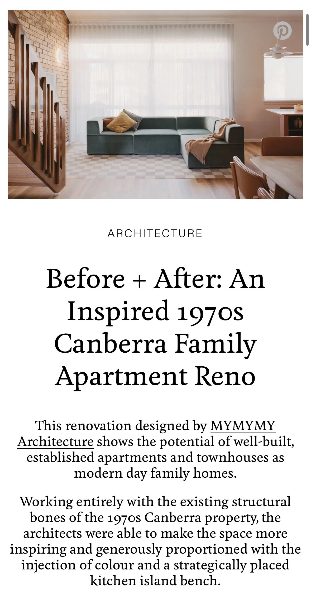 A stylized living space inside a renovated 1970s Canberra apartment, featuring artist Gina Ward’s painting 'Sisters' as an interior design focal point, as seen in The Design Files.