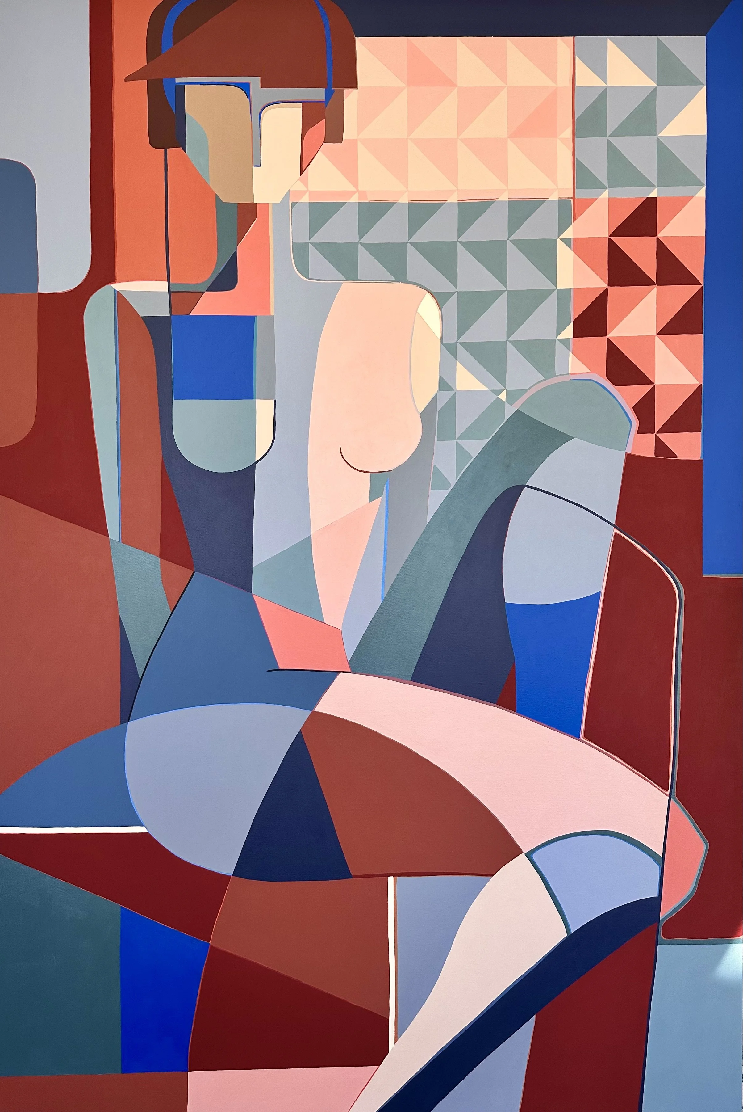 Large statement artwork by Gina Ward, Poise. Geometric, patterned figurative woman. Bold colour composition in red and blue