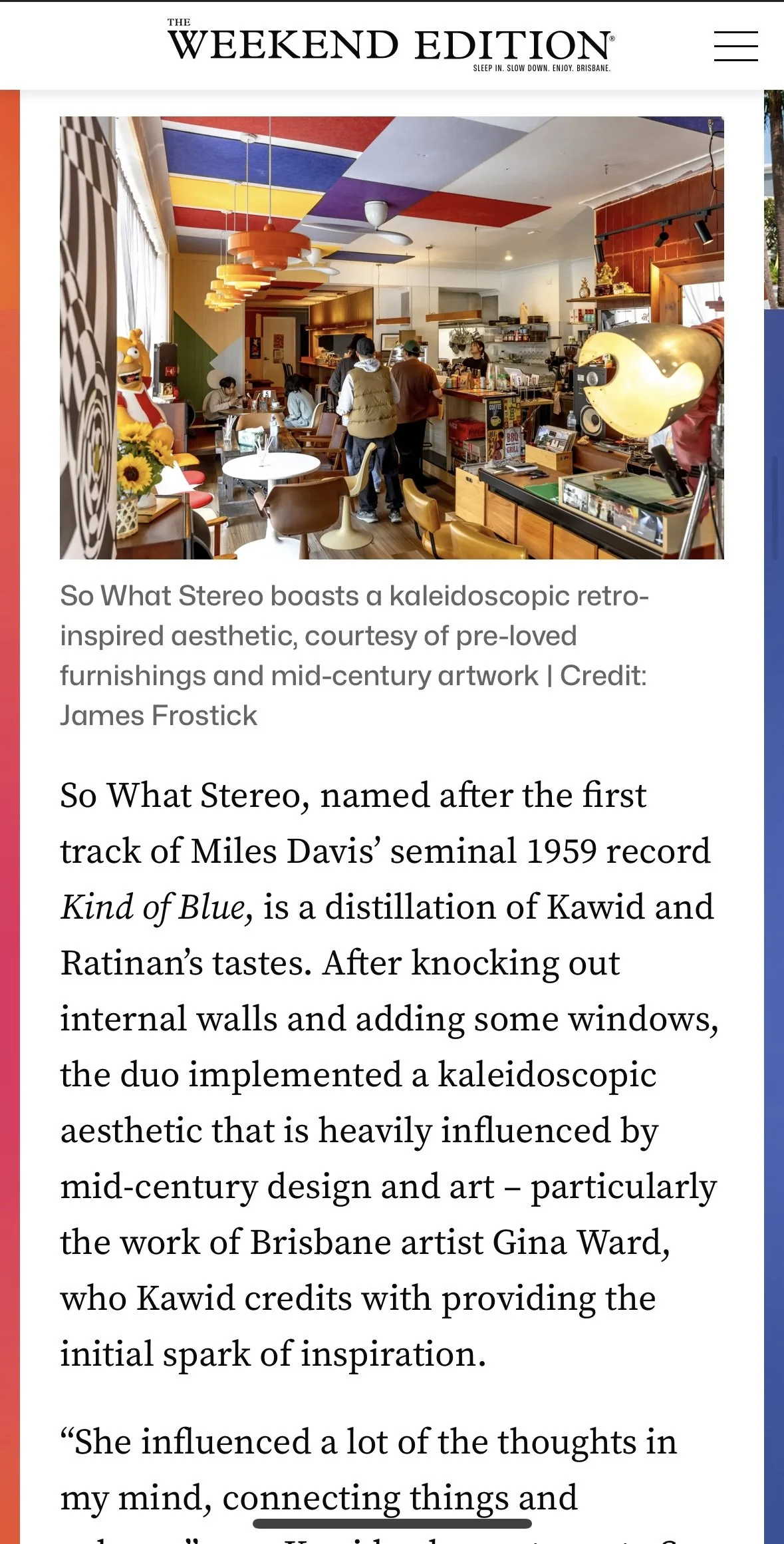 Mid-century modern interior design of So What Stereo, a new Thai restaurant featured in InDaily, highlighting styling and architecture heavily influenced by artist Gina Ward.
