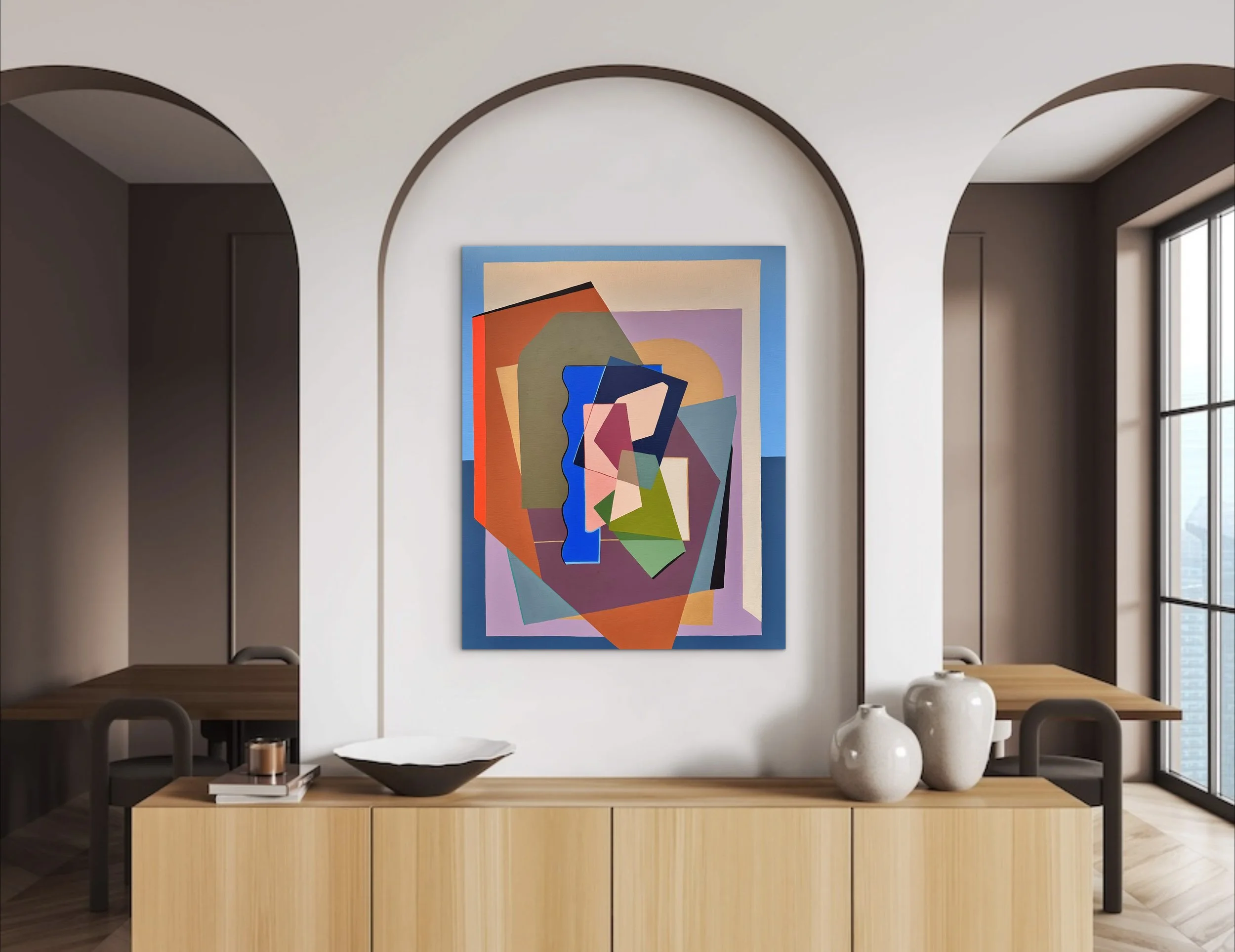 Mid-century modern abstract portrait in acrylic – Tilt painting by Gina Ward Art