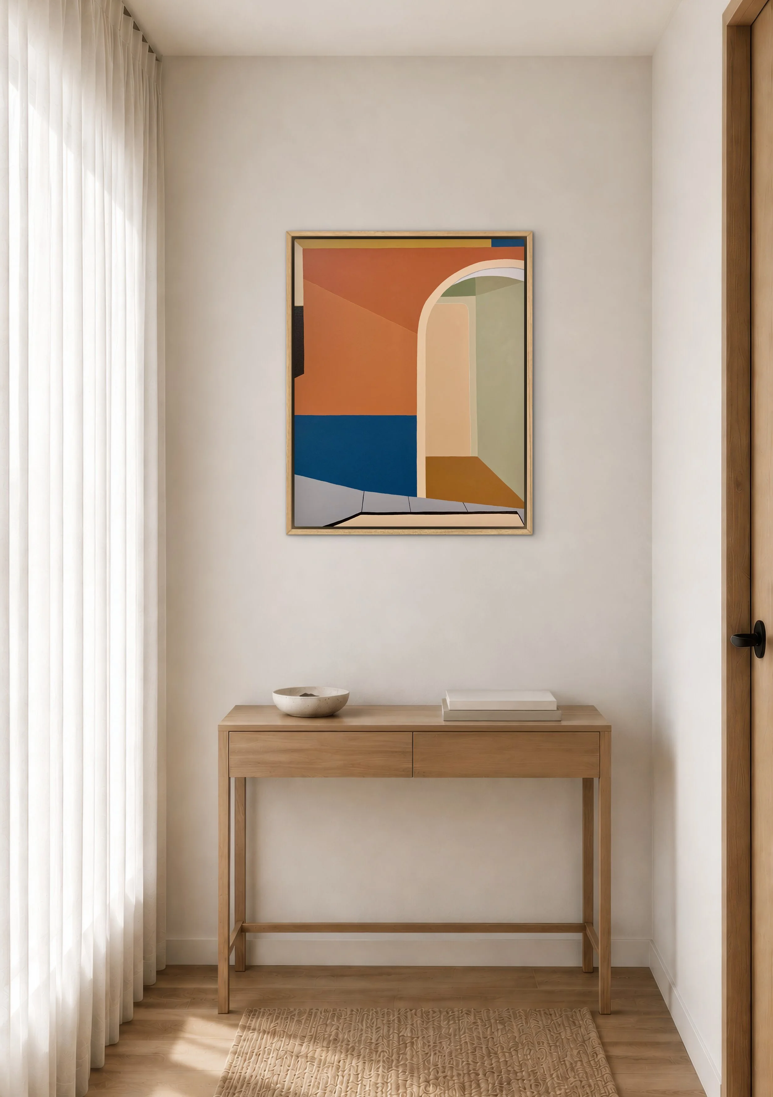 Mid-century modern fine art archways, That Was Yesterday, ideal for designers and collectors. Framed in oak by mid century modern professional artist Gina Ward