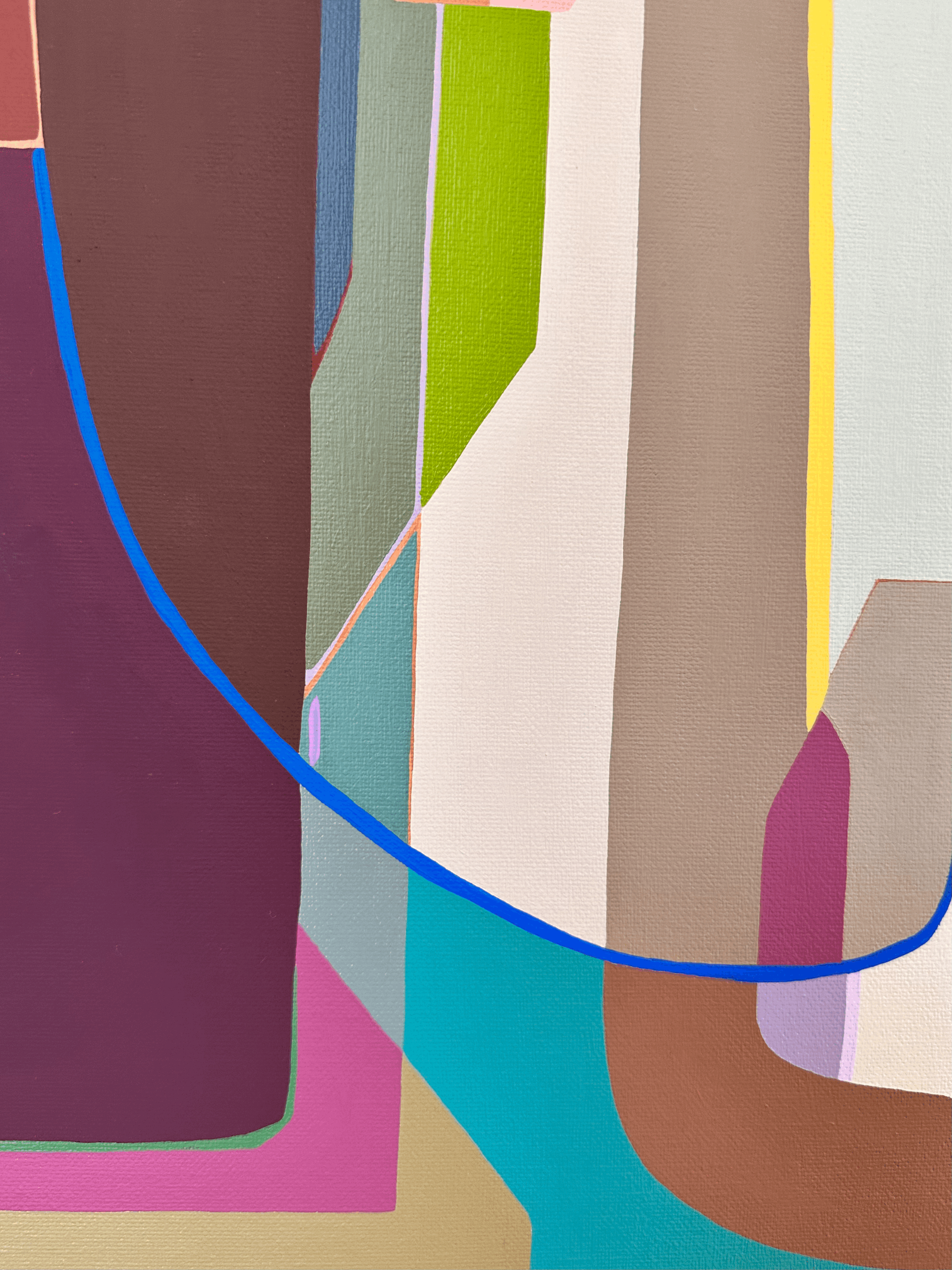 “Colourful geometric abstract portrait painting titled Kin, modern art for collectors and interior designers.”