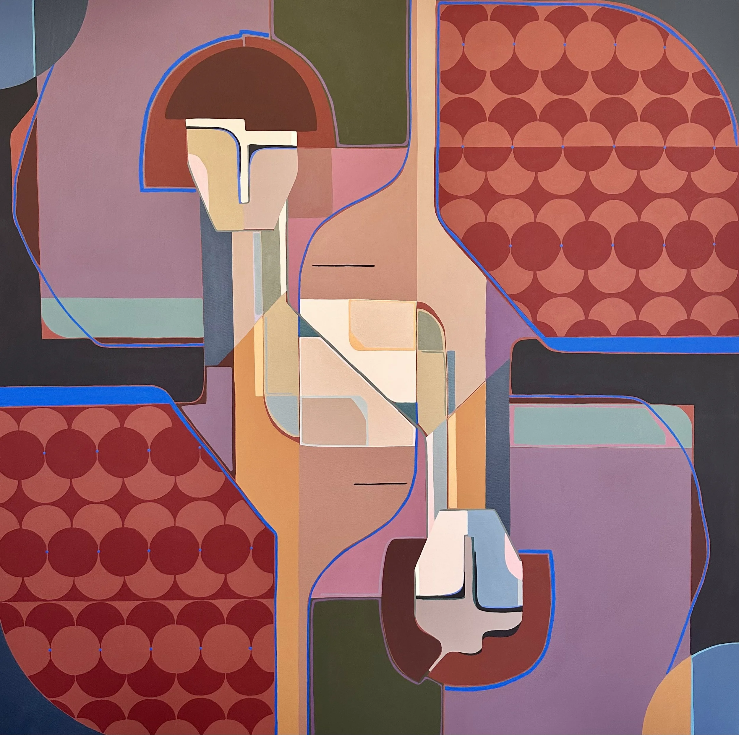 Mid century modern artwork for sale by Gina Ward. Brisbane bold avant garde original artwork available to buy and collect now. Exhibiting in Fortitude Valley, Brisbane, Australia. Large, colourful, bold modern artwork to hang in your office or home.