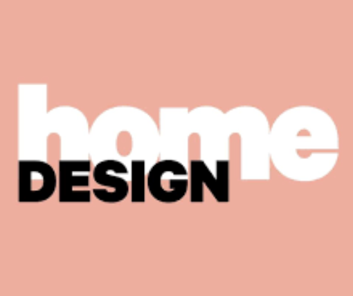 The image features the words 'home' in large white letters and 'DESIGN' in bold black letters, with a pink background. A prominent interior design magazine that has featured Brisbane artist Gina Ward.