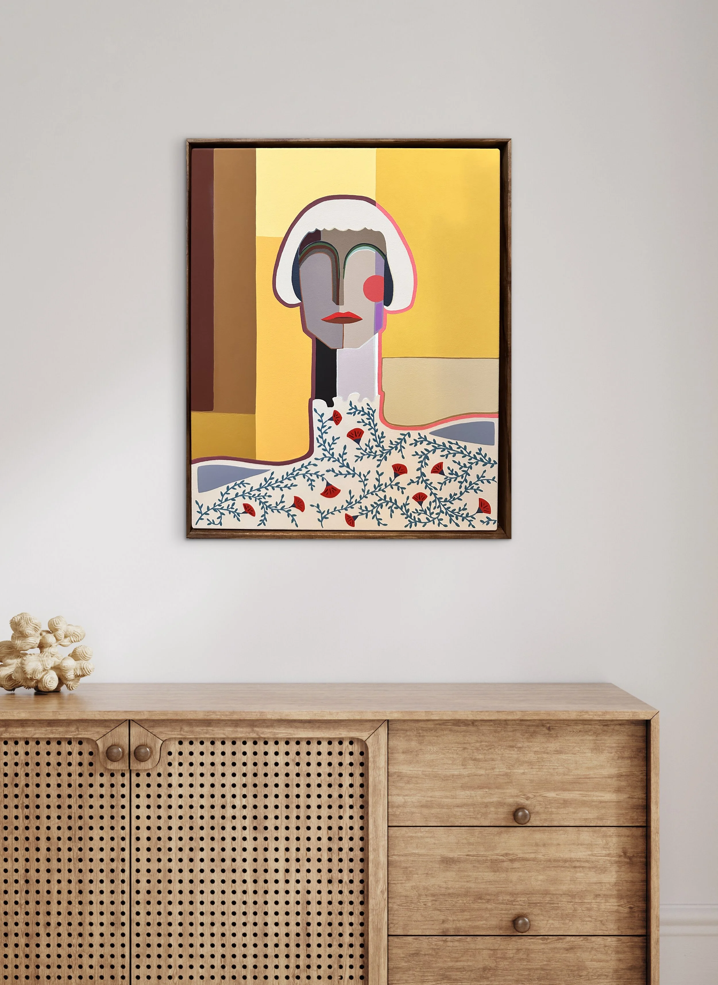 Original acrylic portrait “Forever In a Day” featuring stylised female figure, geometric composition, modern collector artwork Australia