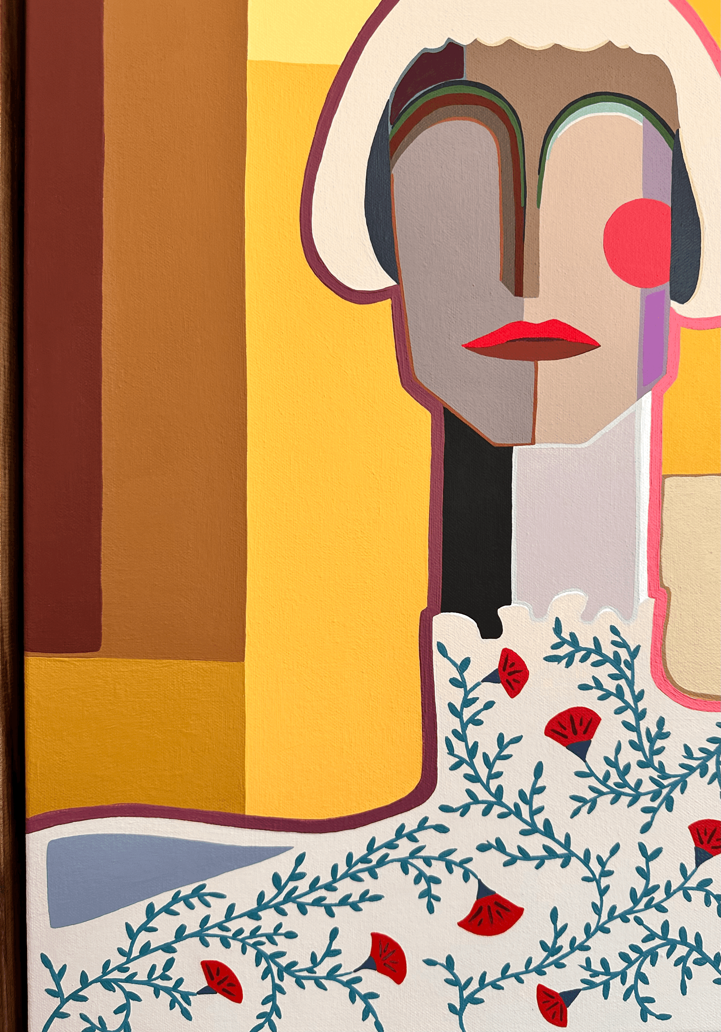 Luxury contemporary art piece with female subject, bold colour palette, mid-century inspired portrait for interior design and art collectors