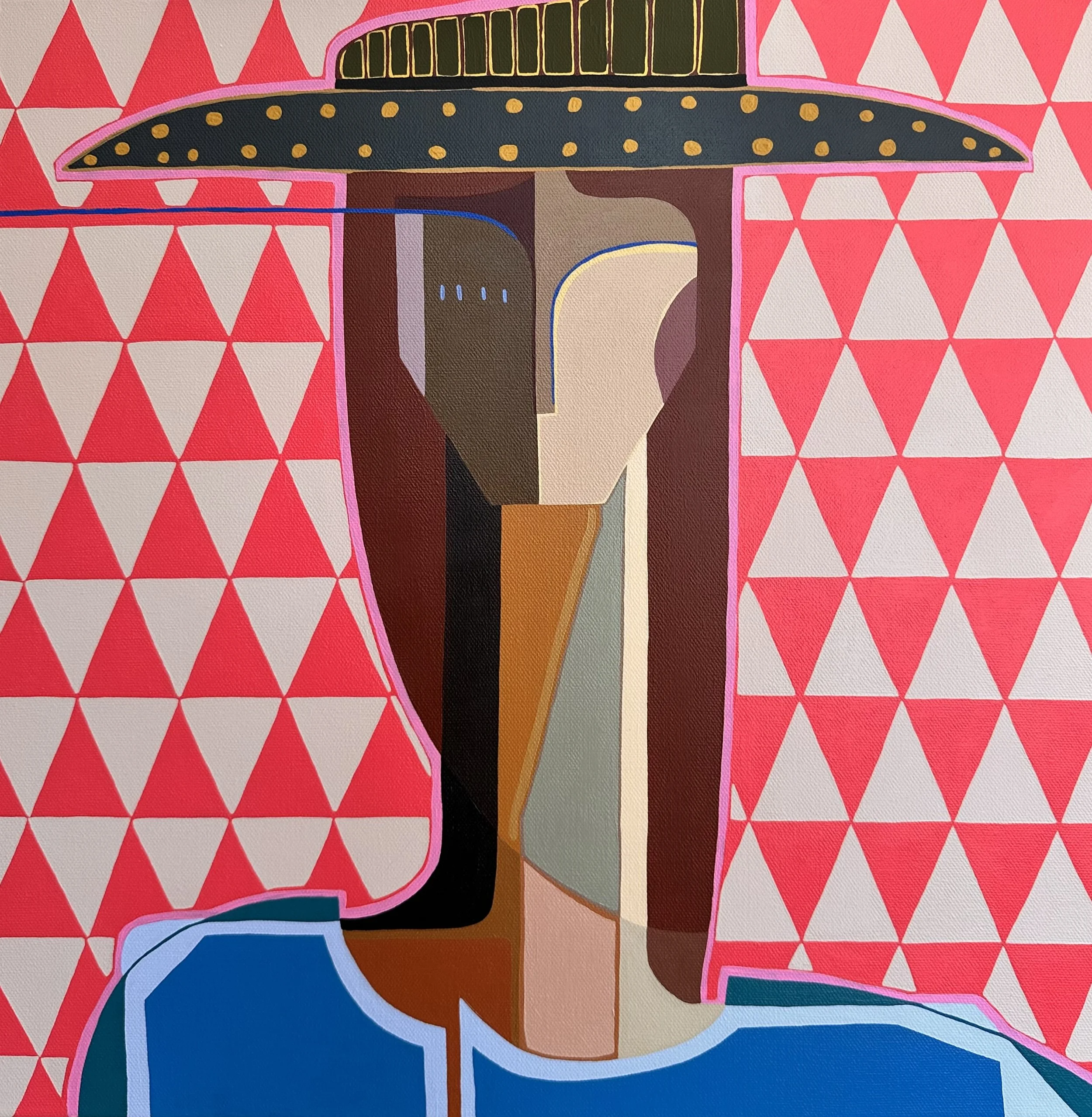 Contemporary abstract artwork “Tessellate” by Gina Ward featuring geometric feminine composition in mid-century tones.