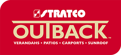 Red background with white and beige text displaying the Stratco Outback logo, mentioning verandahs, patios, carports, and sunroofs.