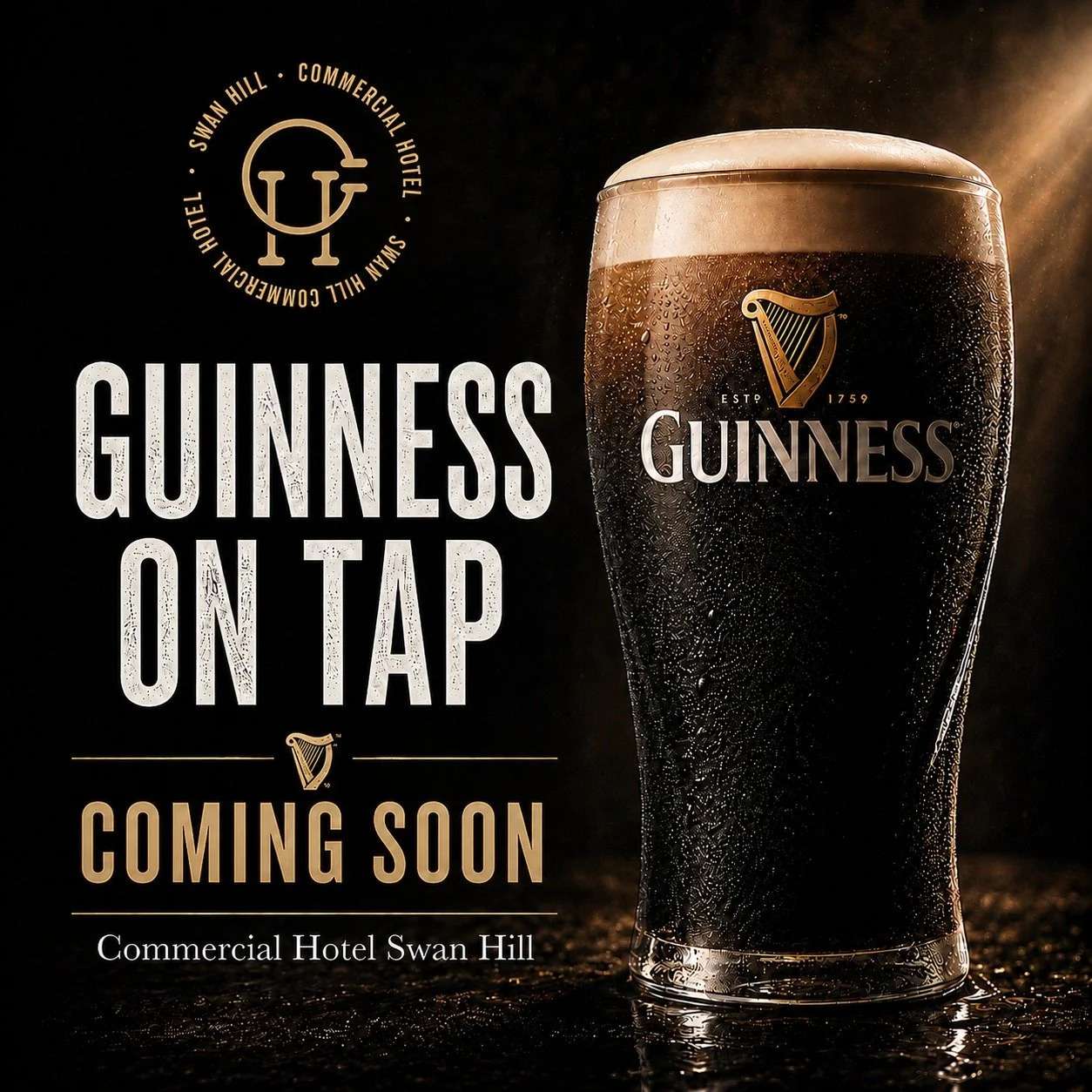 Guinness is coming to the Commi! 🍺

That unmistakable dark pour, creamy head and smooth finish will soon be available ON TAP at the Commercial Hotel Swan Hill.

Keep an eye out &mdash; we&rsquo;ll let you know as soon as the first pint is ready to p