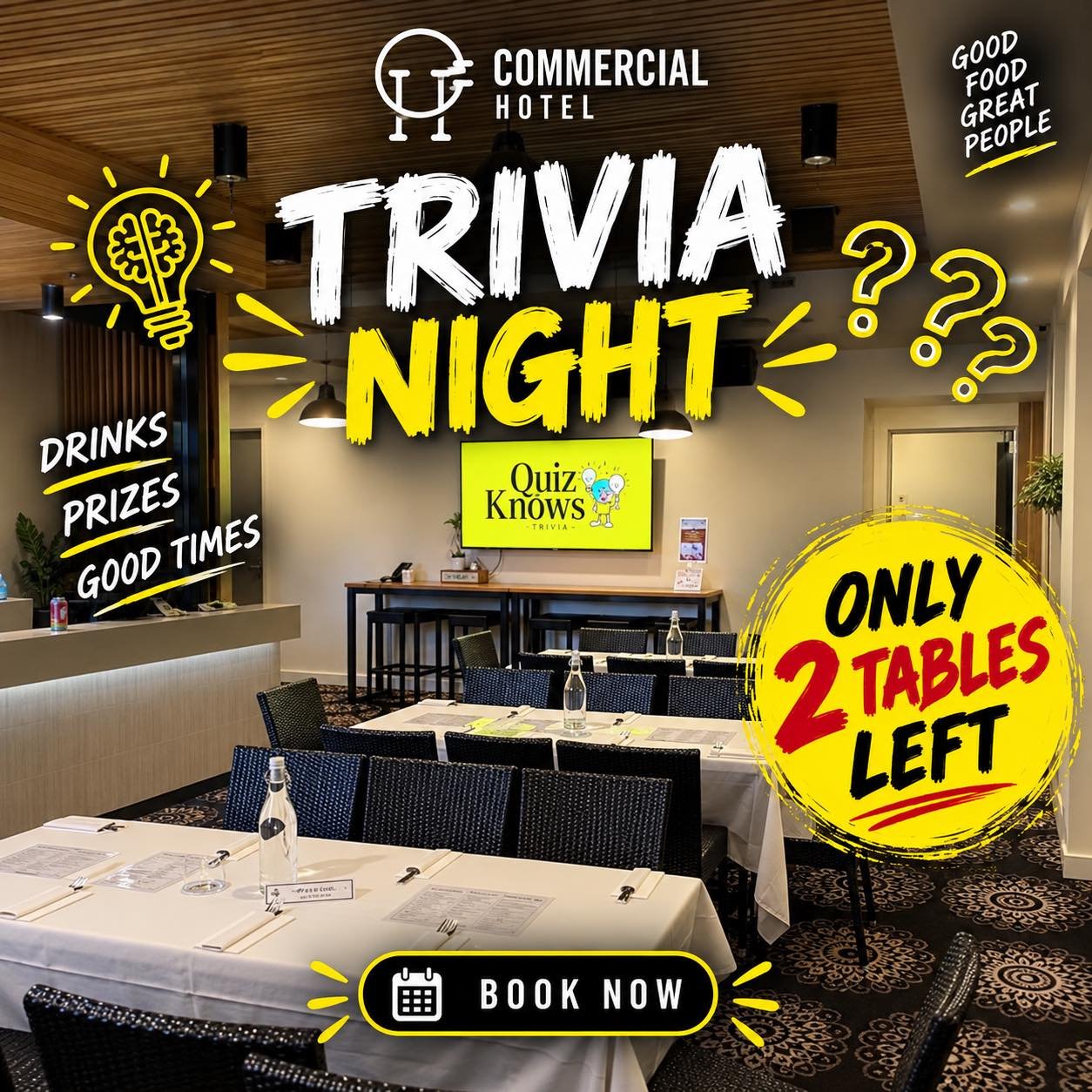 🧠 ONLY 2 TABLES LEFT! 🍻

Trivia Night is almost BOOKED OUT!

Get your team together and grab one of our final two tables before they&rsquo;re gone.

🏆 Great prizes
🍻 Cold drinks
🧠 Plenty of questionable answers
😂 And bragging rights on the line