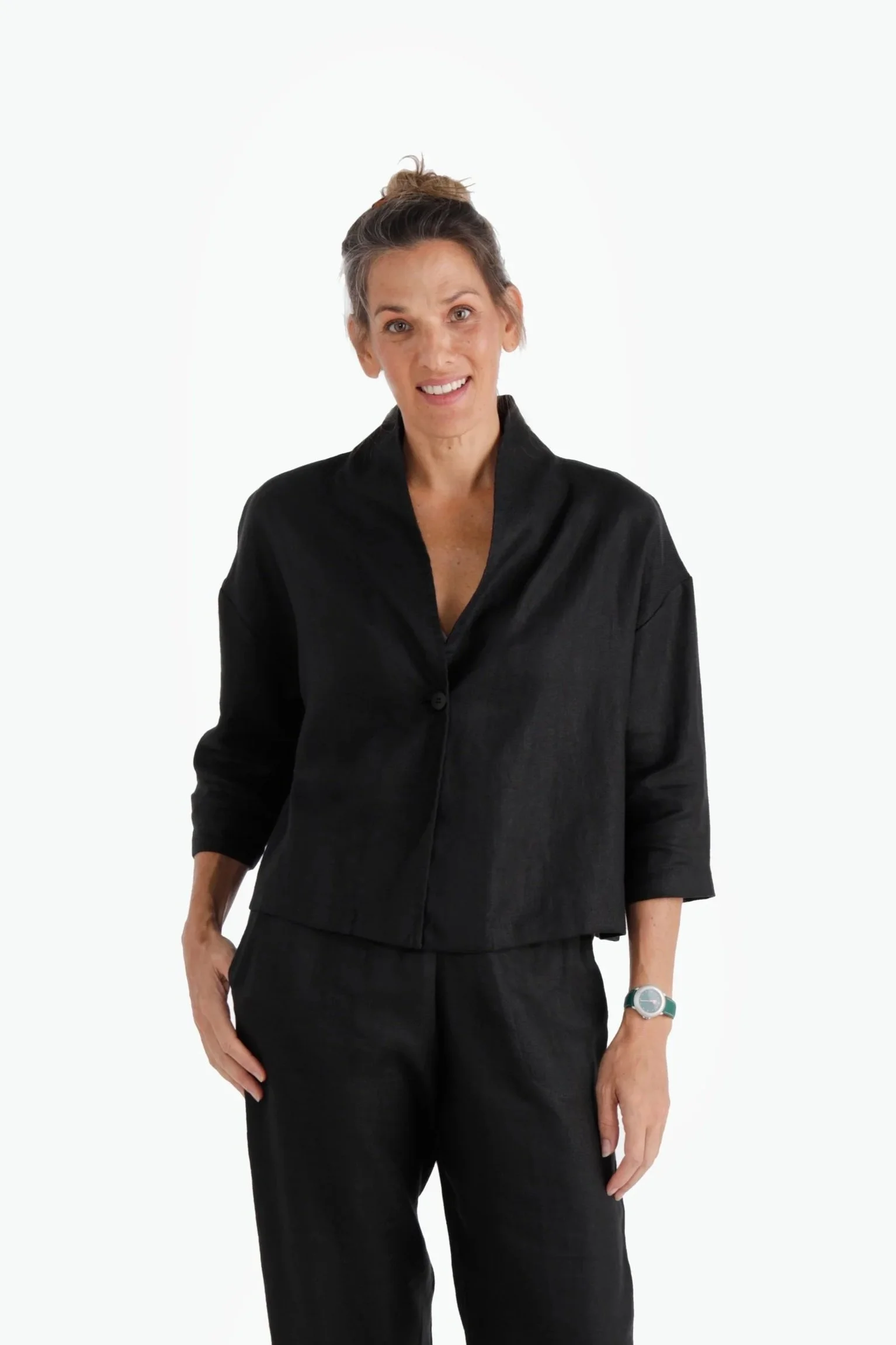 ROLLED COLLAR JACKET IN TWILL LINEN