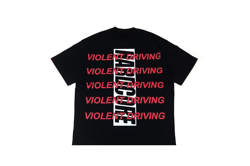 Back of black HARDCORE Layover Heavy Tee with five red VIOLENT DRIVING lines over vertical white HARDCORE lettering.