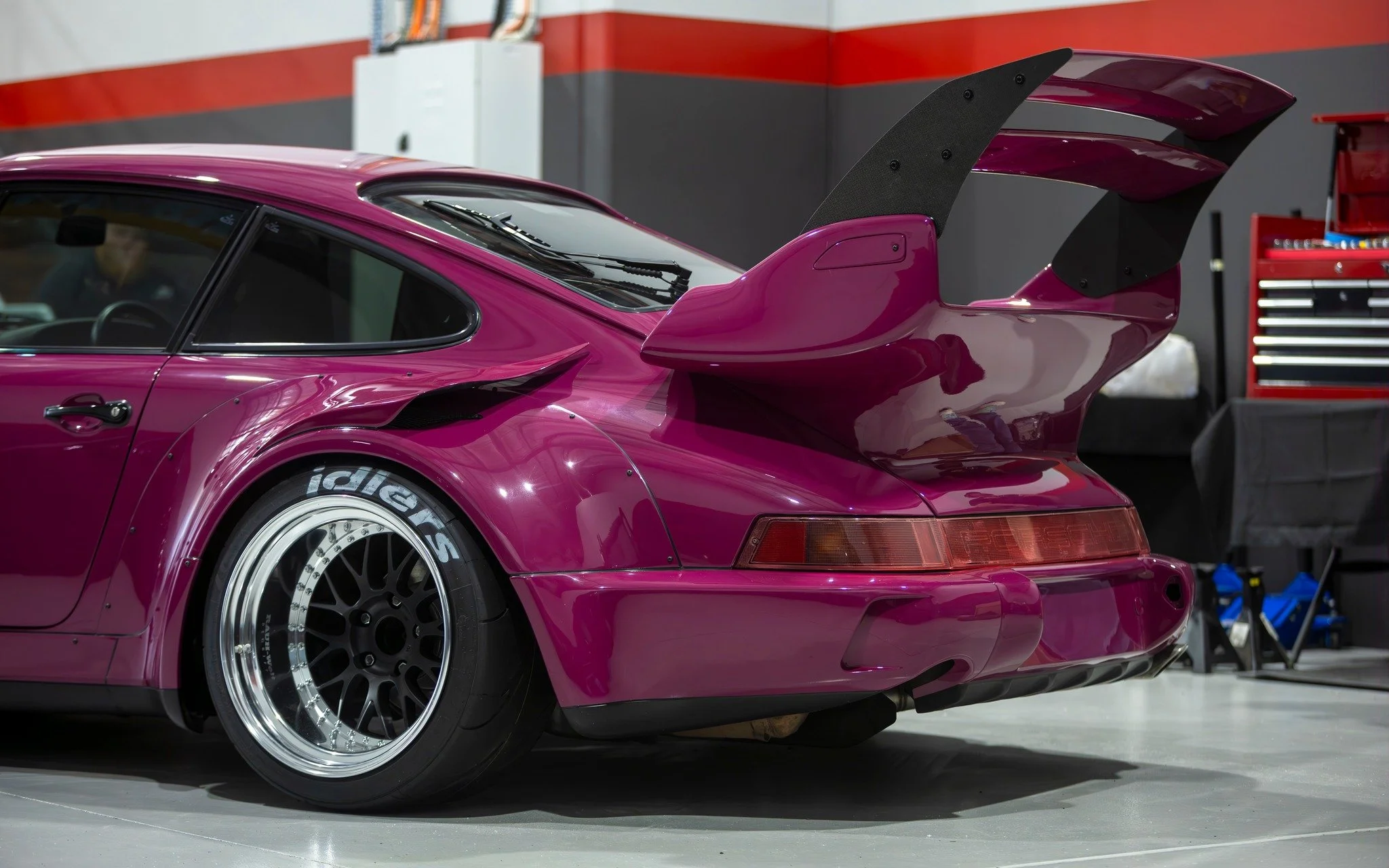 When we discussed wing options for Stargazer with the client, it was simple. 
He said "If you're gonna build an RWB, you go big, you go loud." 

Thus the Kamiwaza Double Stacked Wing was chosen, an optional upgrade to your standard RWB buil