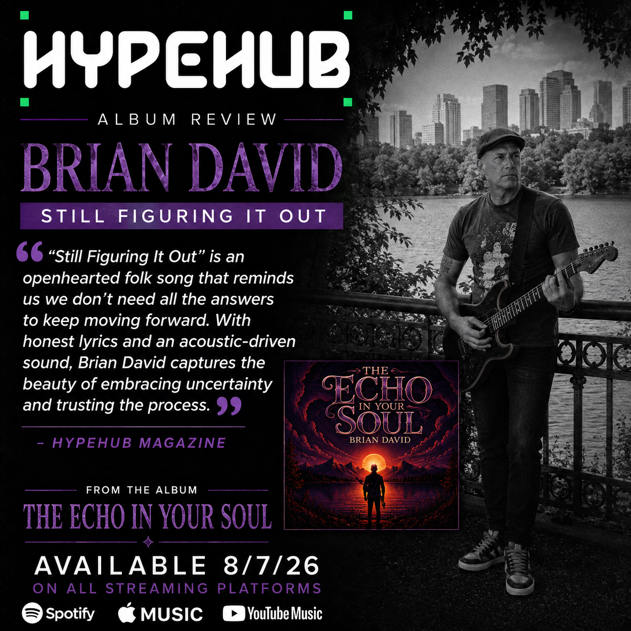 An advertisement for Brian David's album review of 'Still Figuring It Out' from the album 'The Echo in Your Soul.' The ad features a black and white photo of Brian David holding a guitar by a river, with a city skyline in the background. It includes a quote from Hypehub Magazine, release date 8/7/26, and icons for streaming platforms like Spotify, Apple Music, and YouTube Music.
